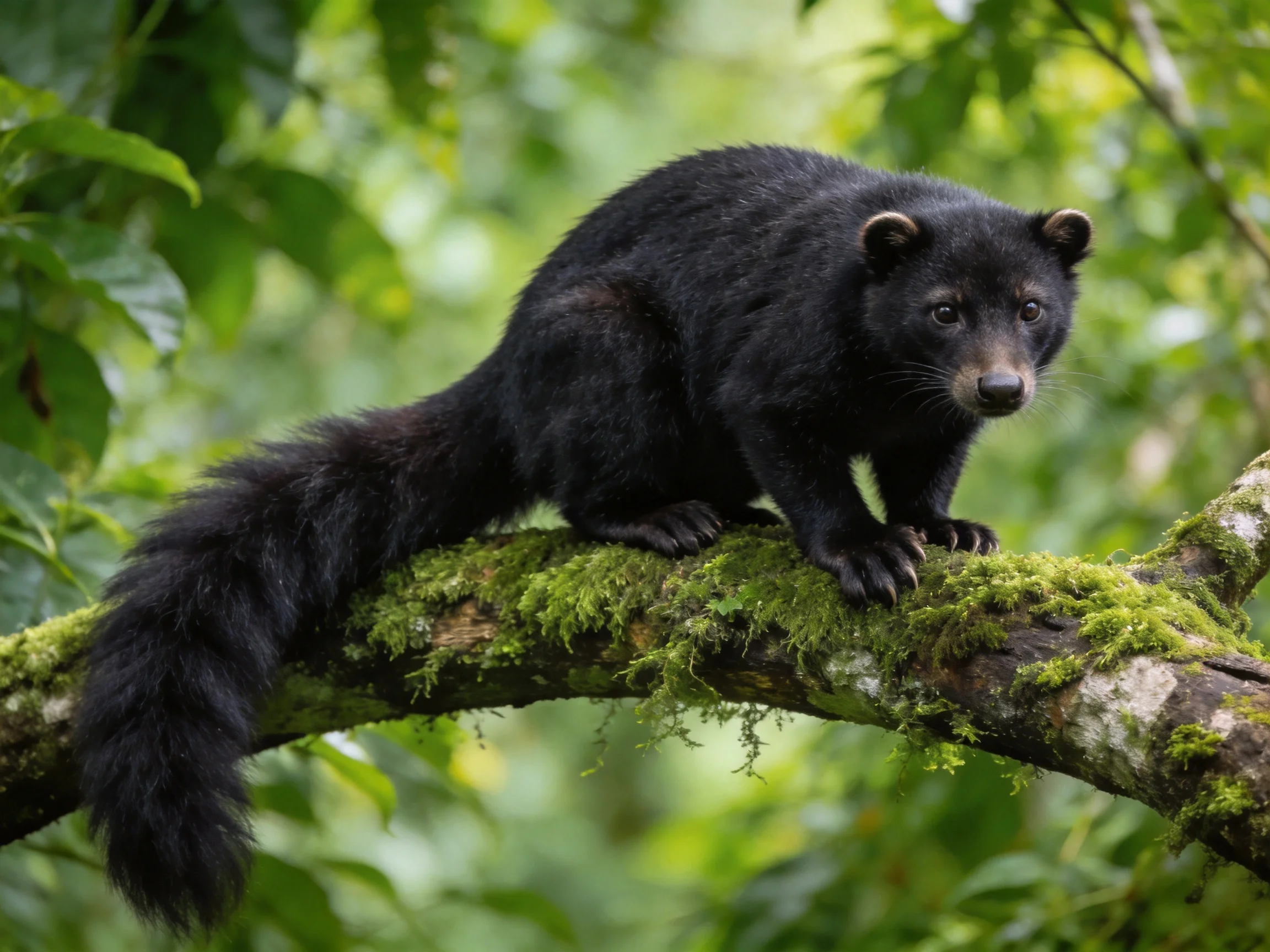 A black mammal perches on a moss-covered forest branch