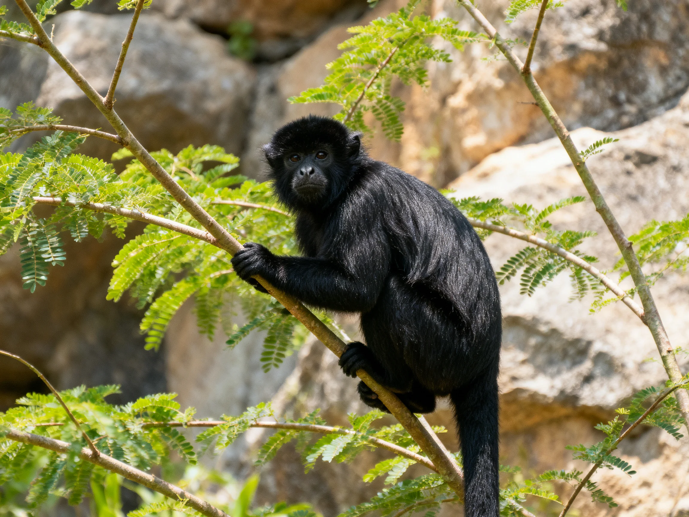 A black monkey clings to a tree branch with rocky terrain in the background.