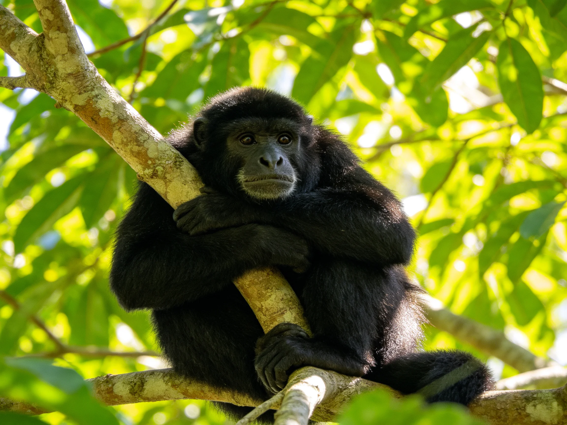 A black monkey clings to tree branches amid lush green foliage