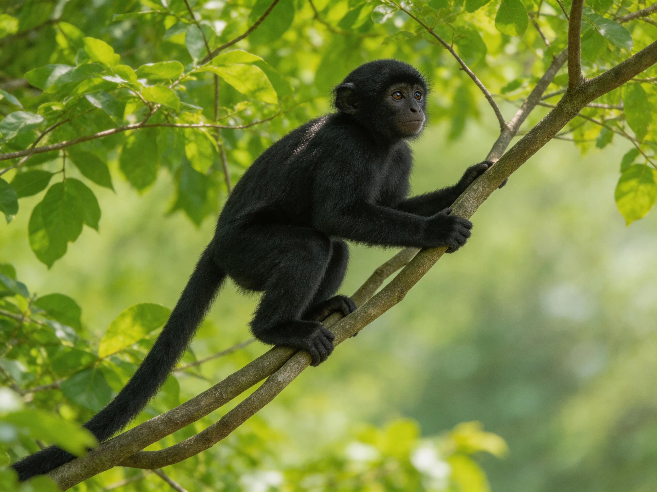 A black monkey clings to tree branches amid lush green foliage
