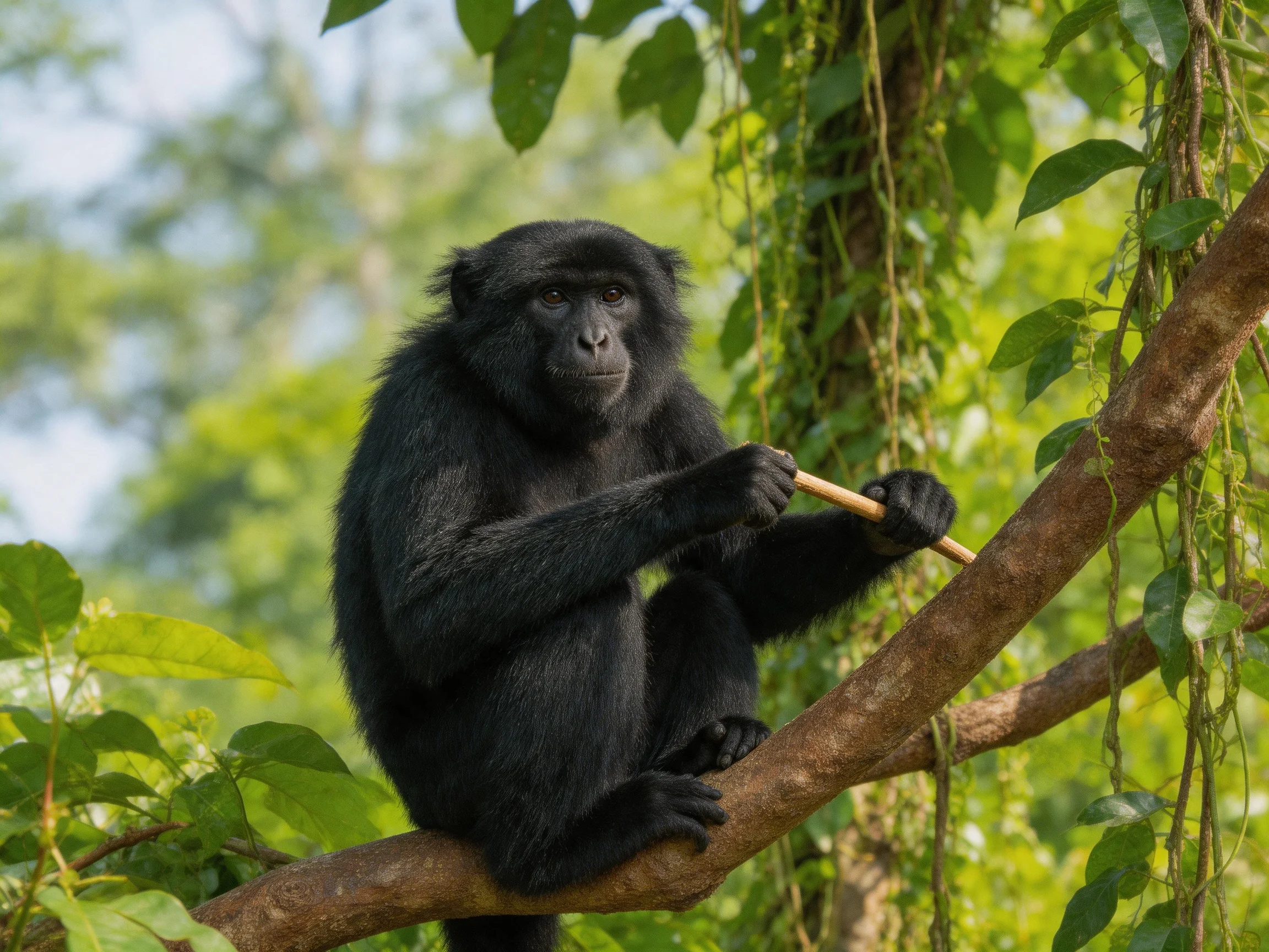 A black monkey sits on a tree branch clutching a thin stick