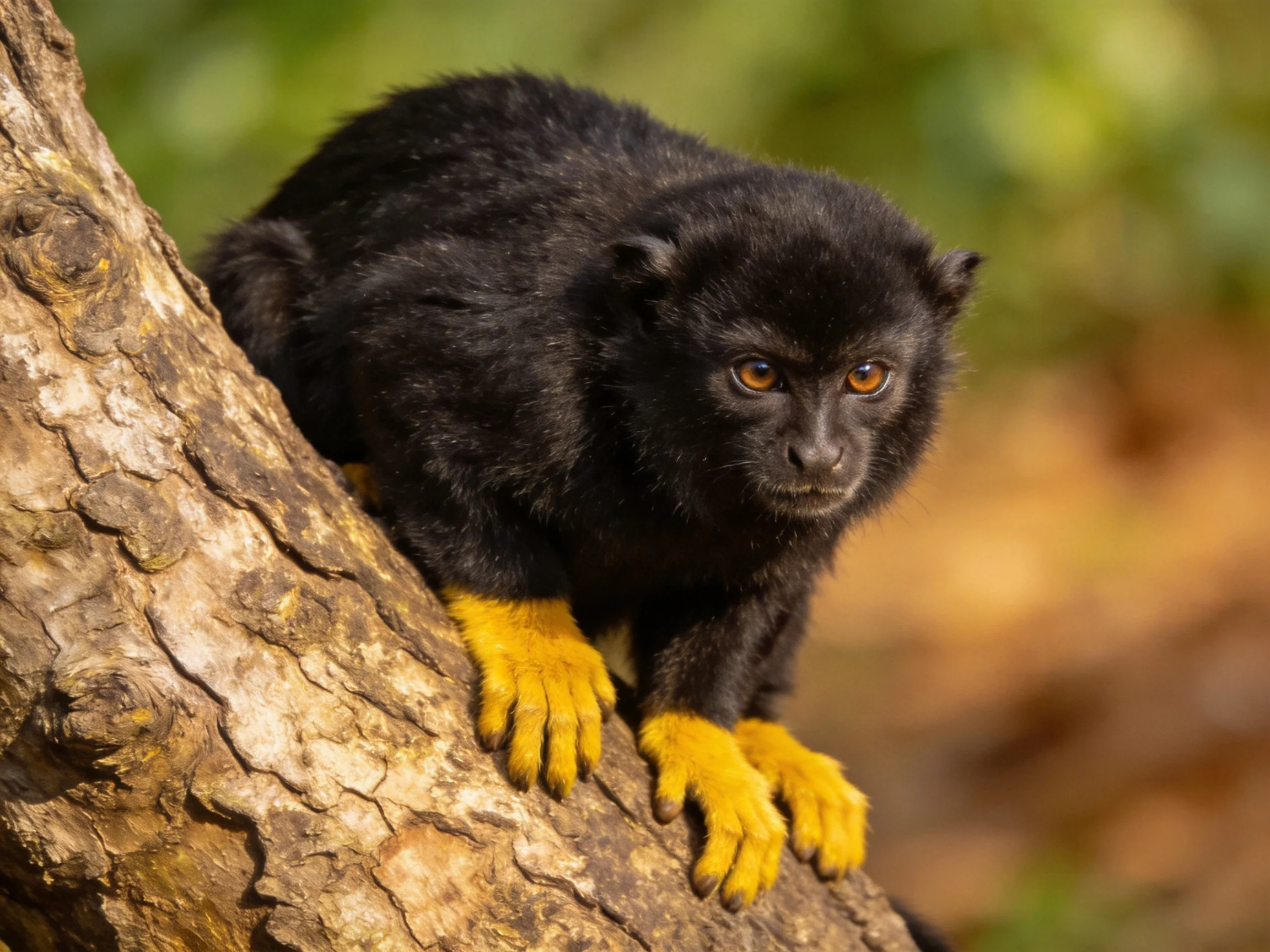 A black monkey with bright yellow feet perched on a textured tree trunk