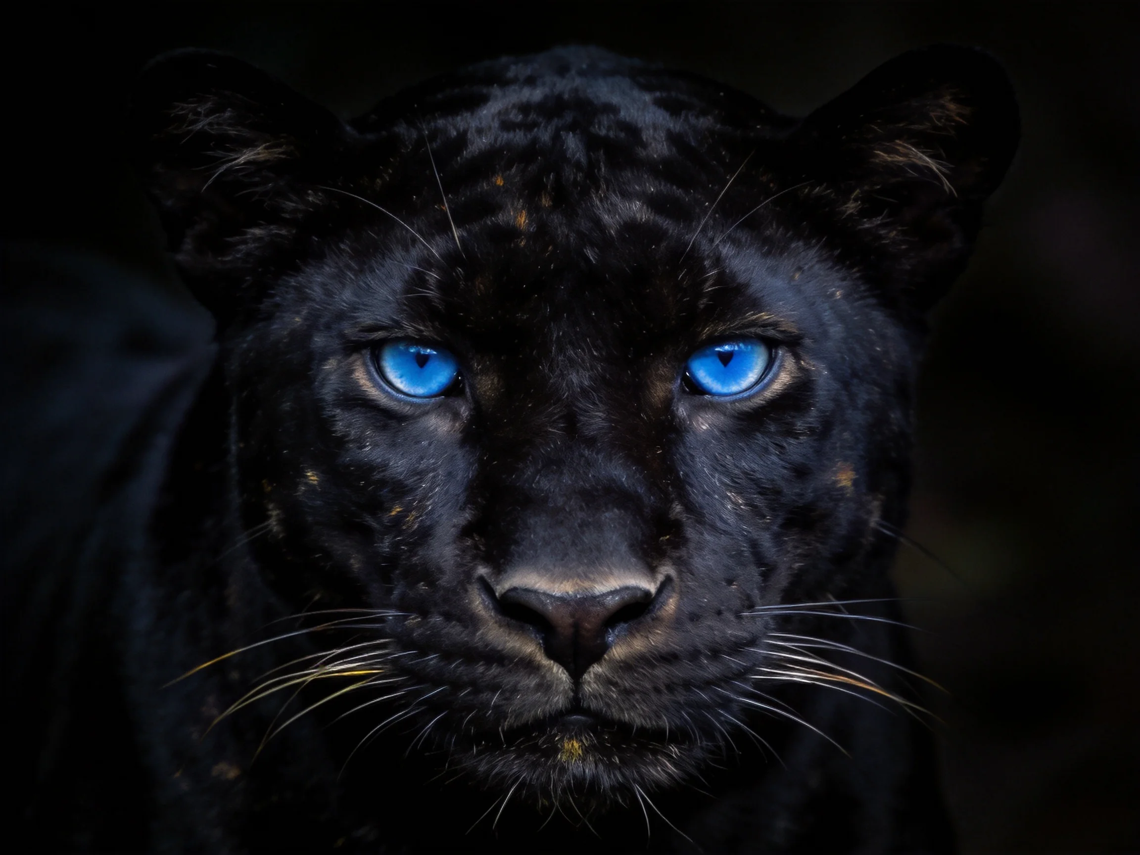 A black panther gazes intensely with bright blue eyes amid darkness.