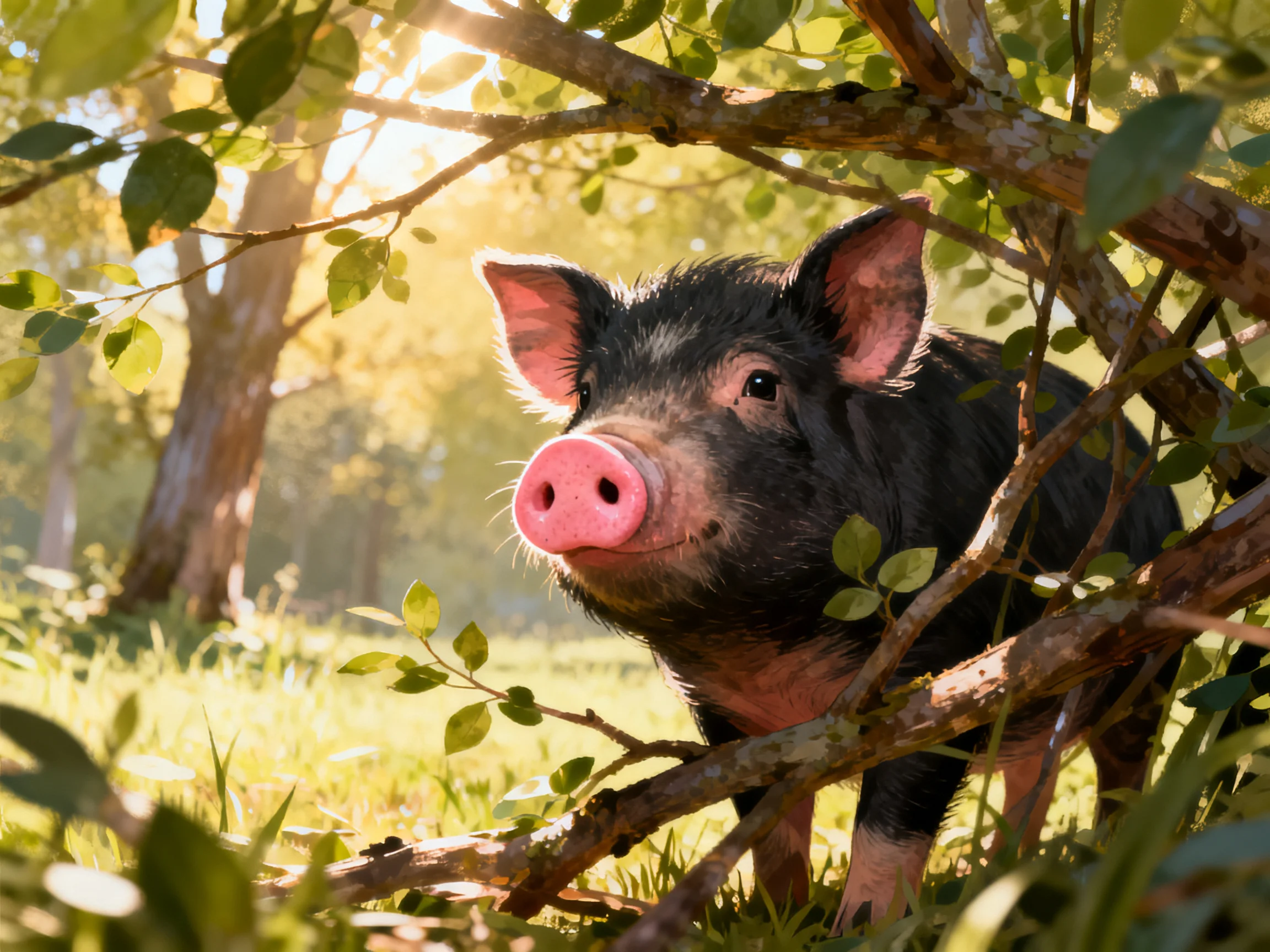 A black pig with pink snout hides among green branches in sunlight