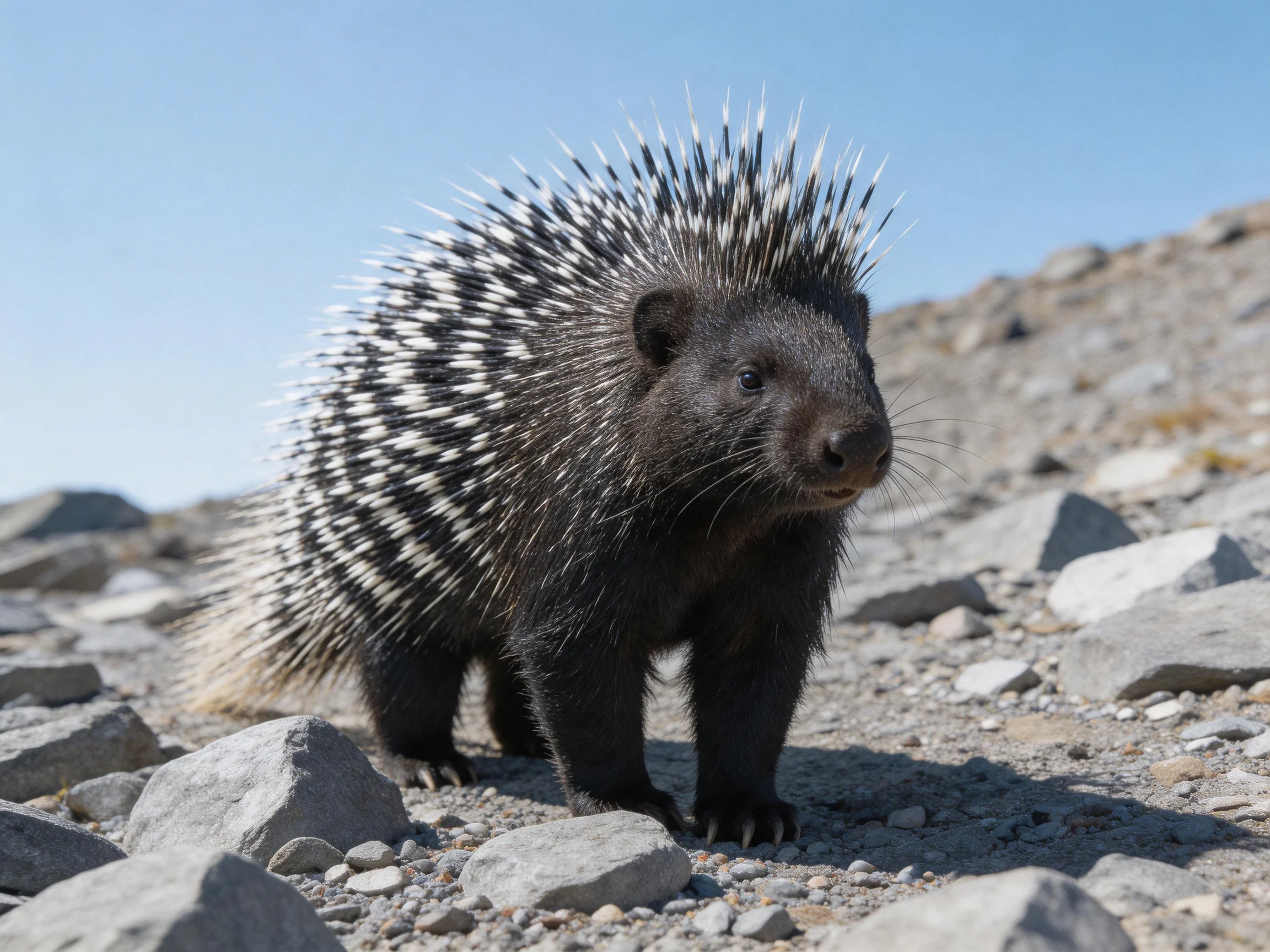 A black porcupine with white-spiked quills on rocky terrain