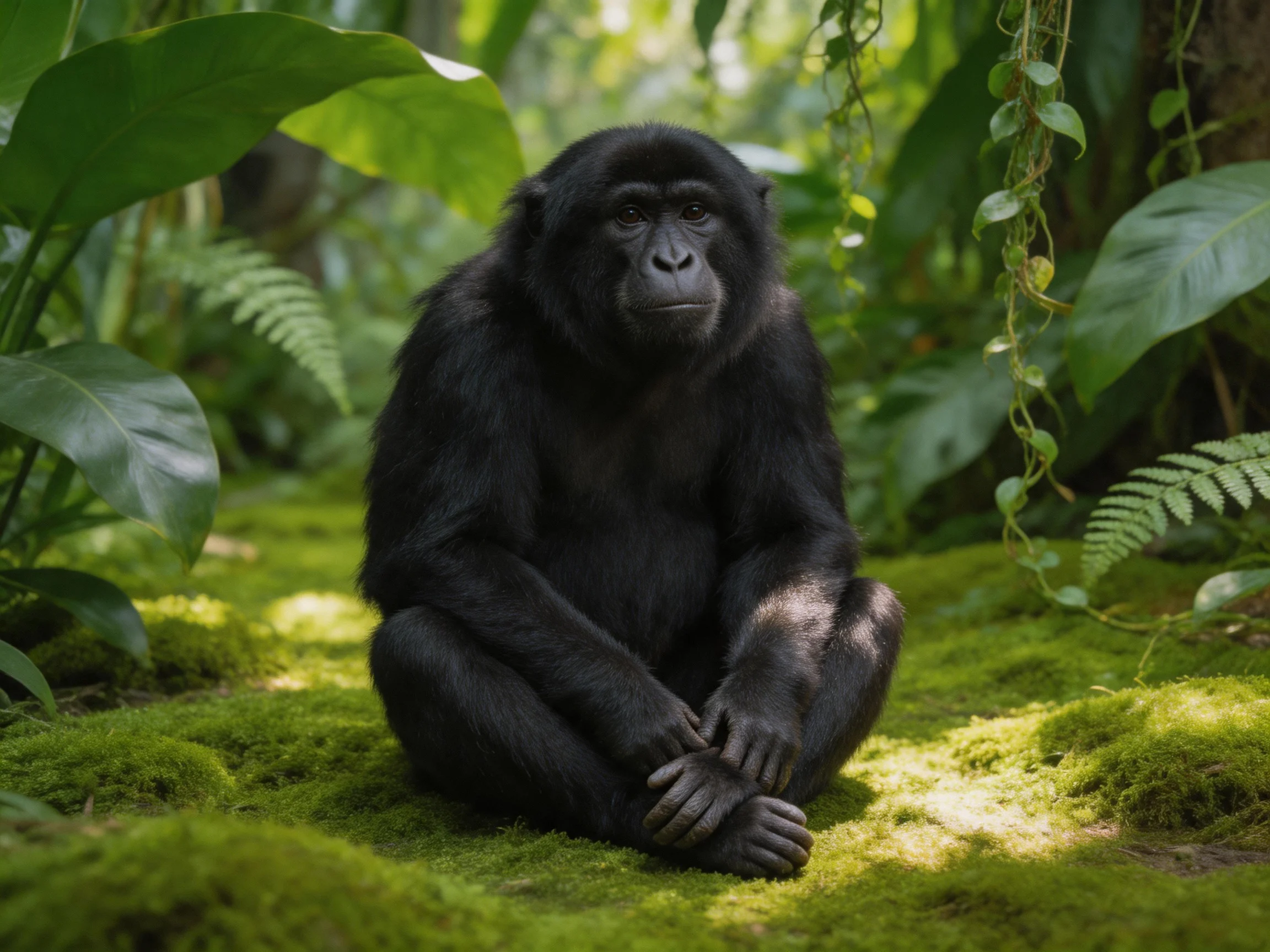 A black primate sits in a lush, green, moss-filled environment