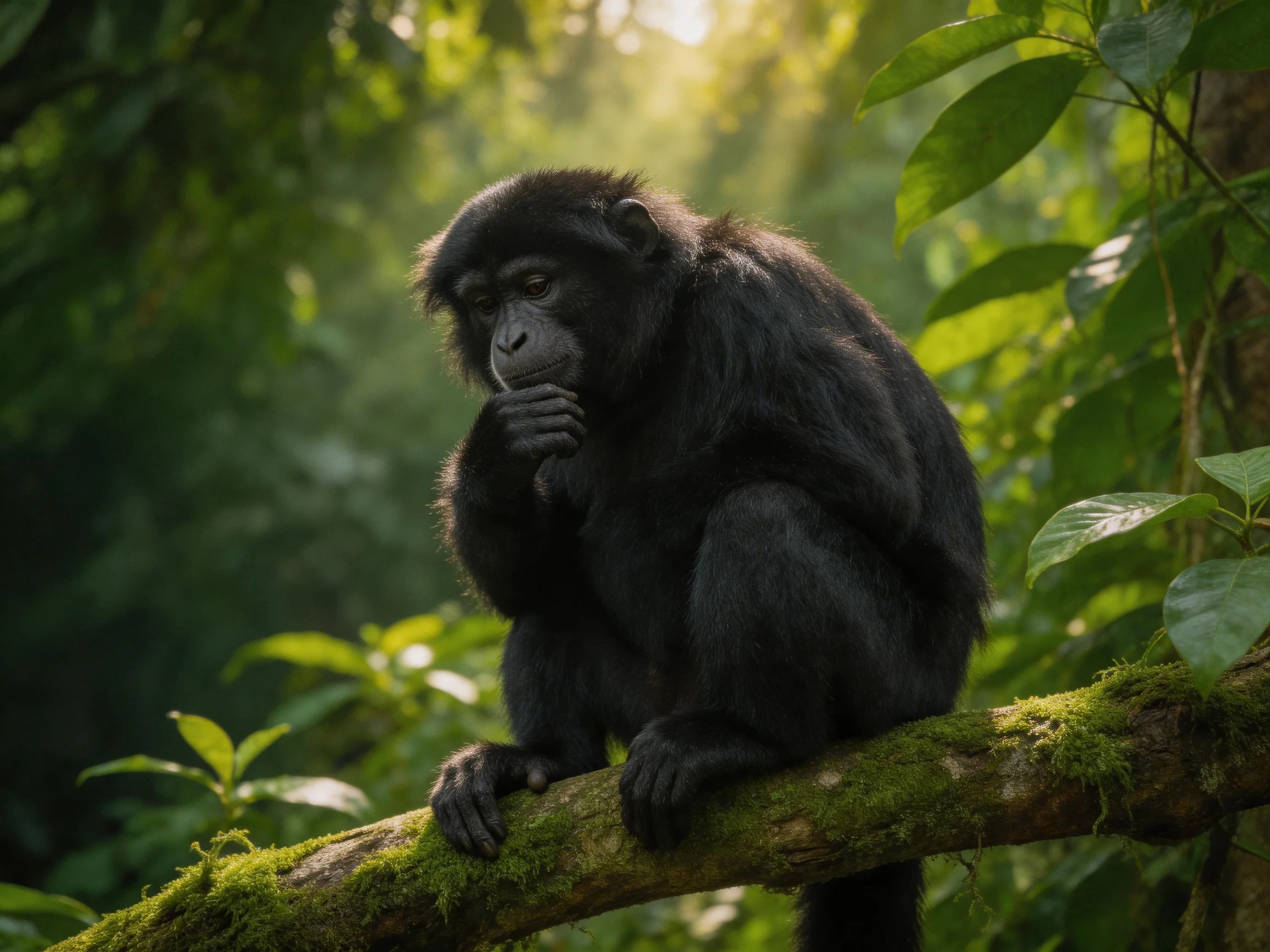 A black primate sits on a moss-laden branch in verdant jungle