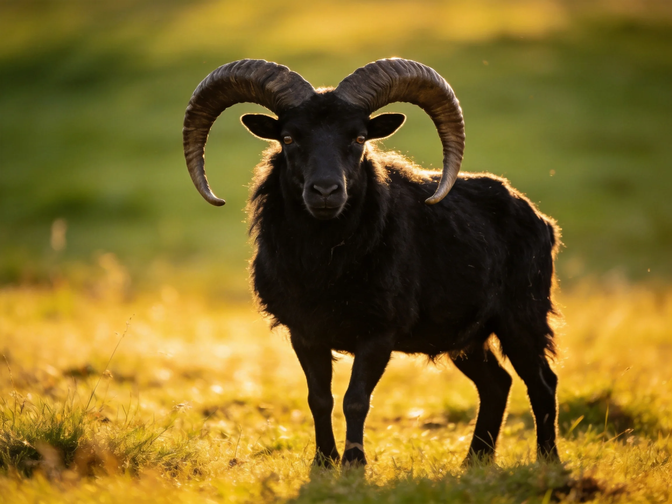 A black ram with massive curved horns stands in a golden meadow