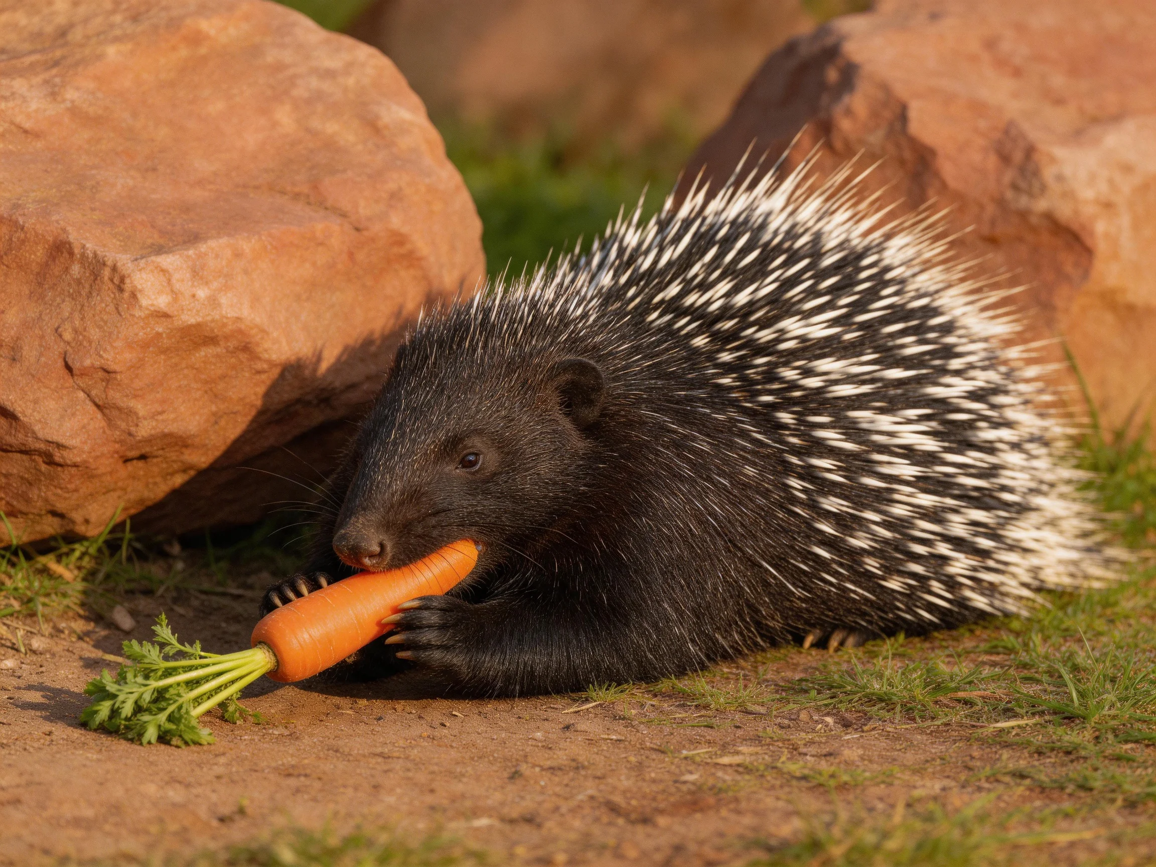 A black-spiked porcupine nibbles an orange carrot near reddish rocks