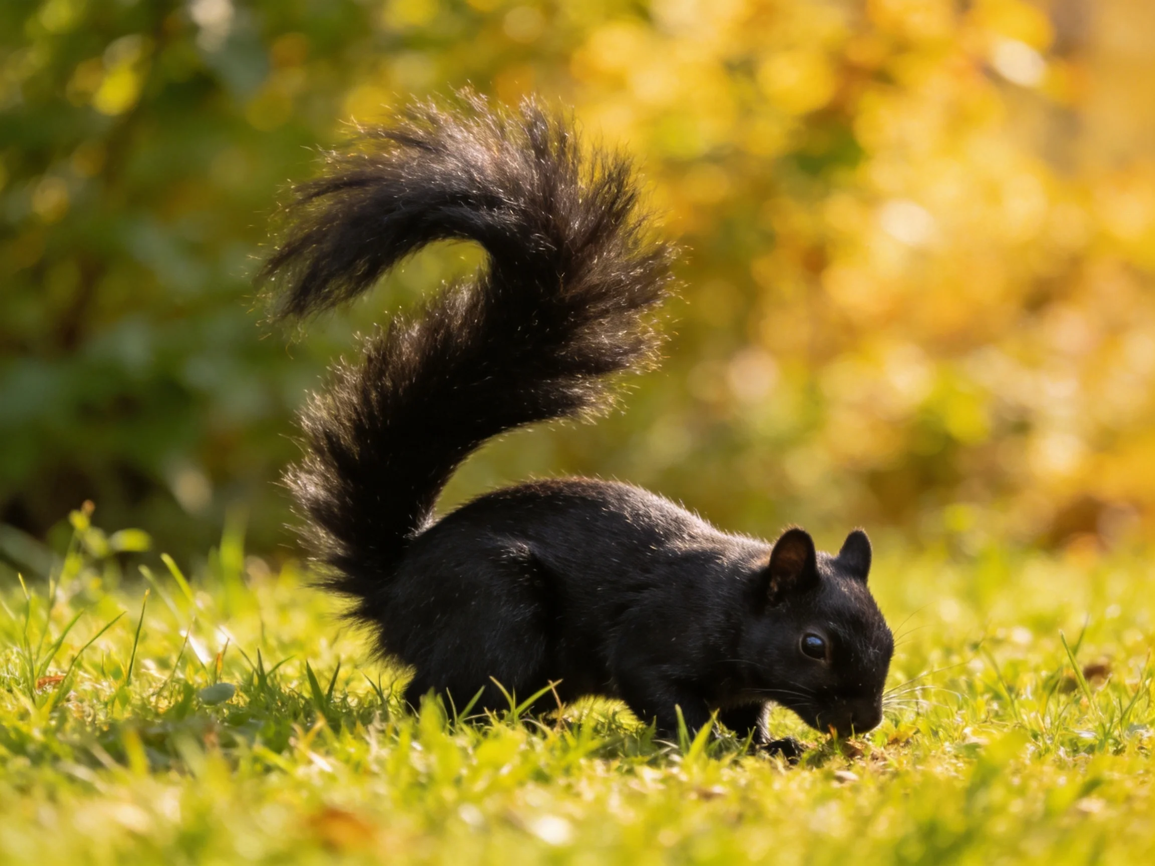 A black squirrel forages on vibrant green grass amid golden foliage