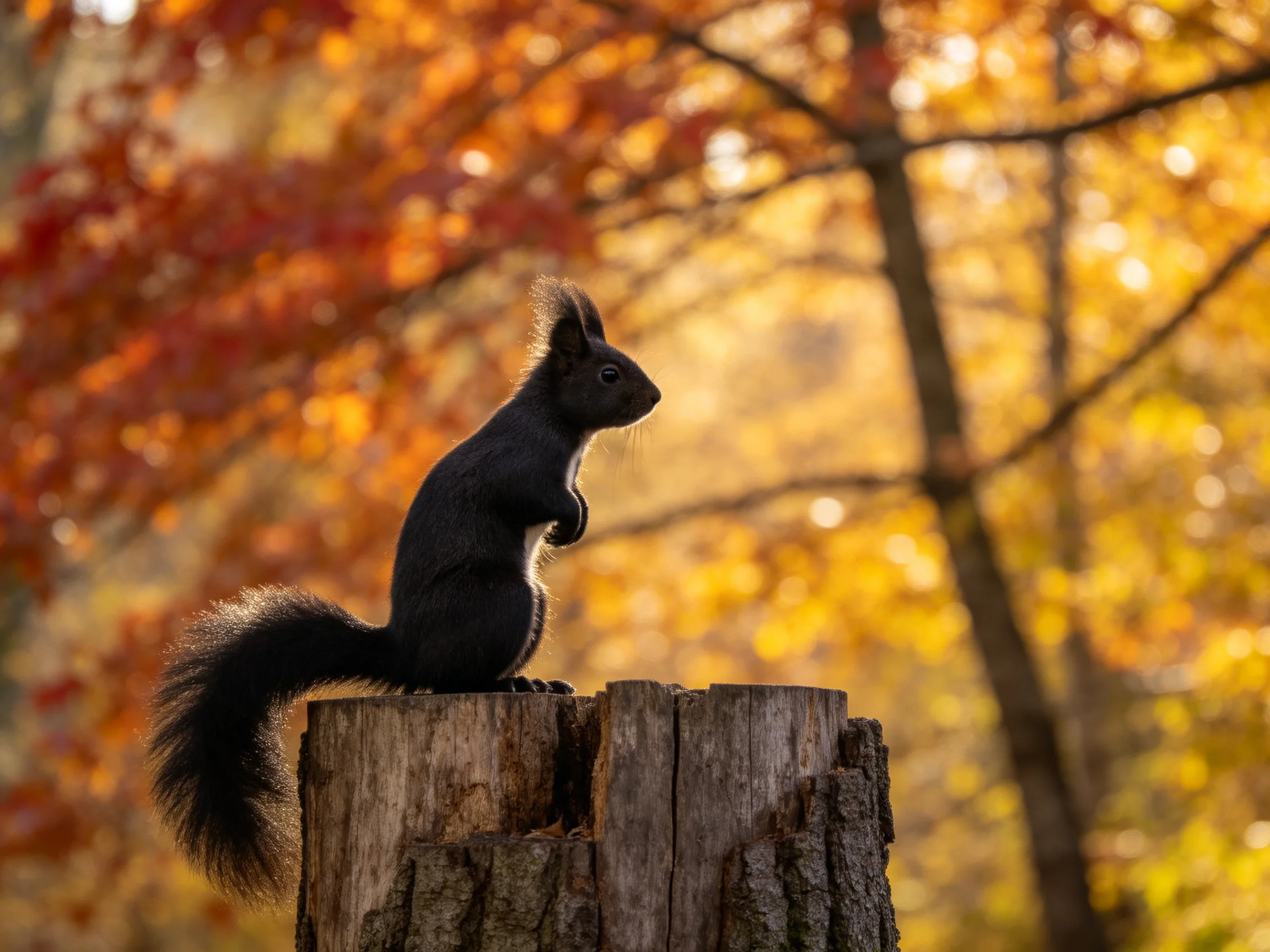 A black squirrel perched on a weathered tree stump amid golden autumn foliage