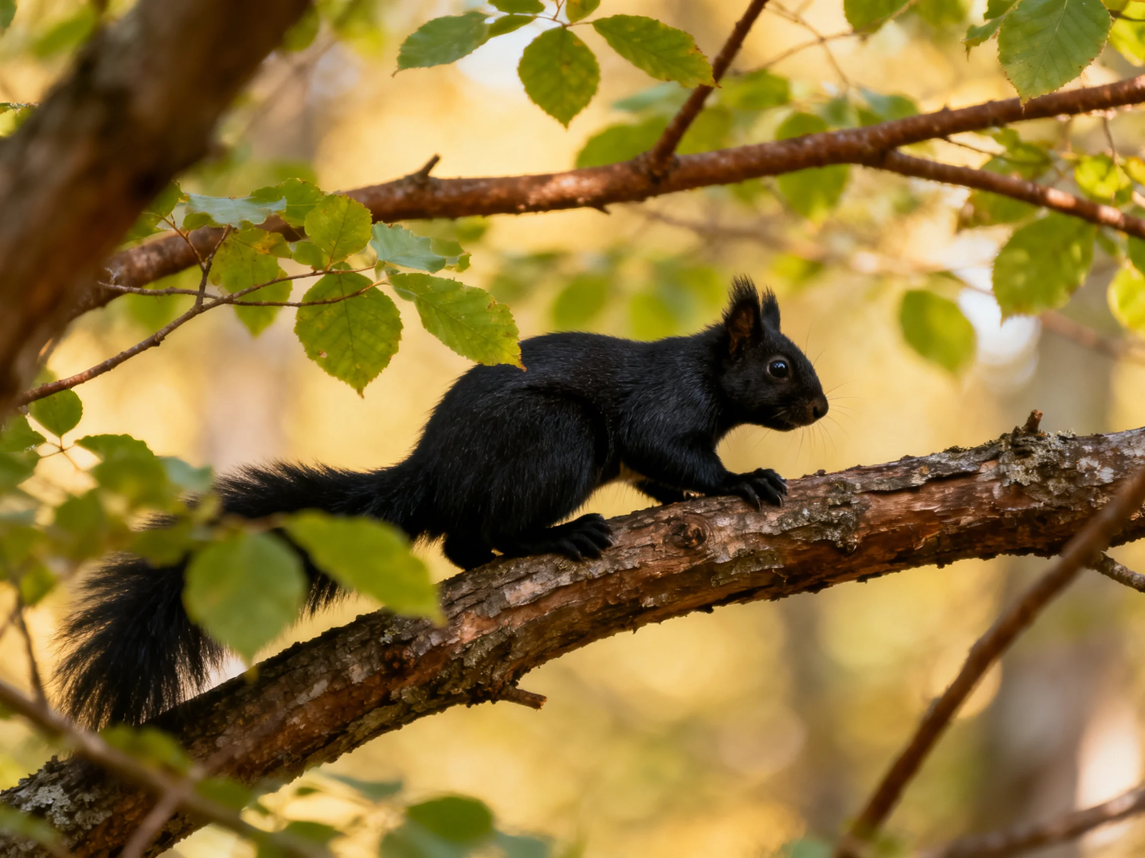 A black squirrel perches on a gnarled tree branch amid green foliage