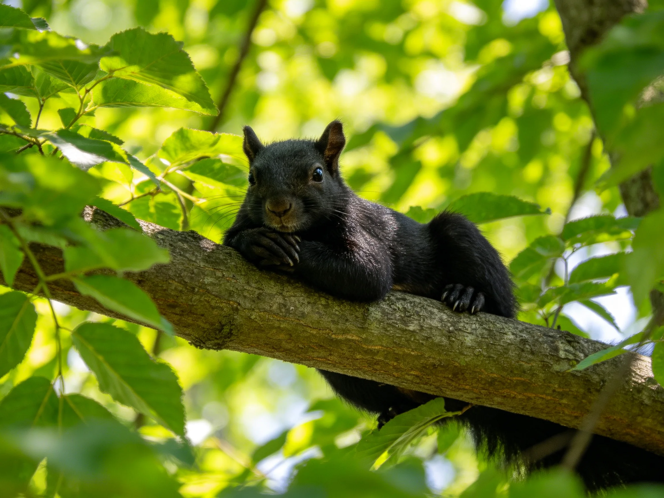 A black squirrel rests on a thick tree branch amid lush green foliage