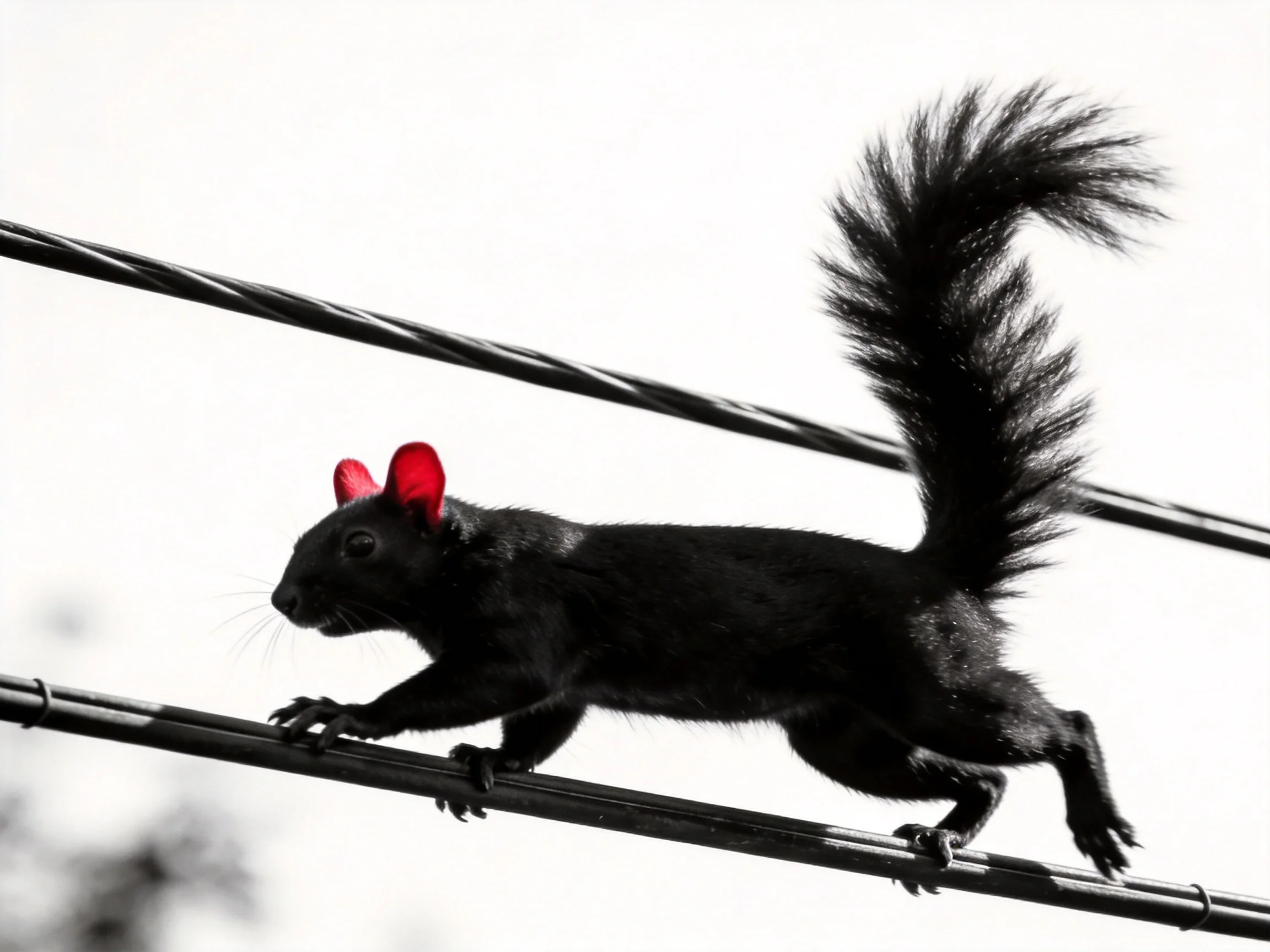 A black squirrel with bright red ears on electrical wires