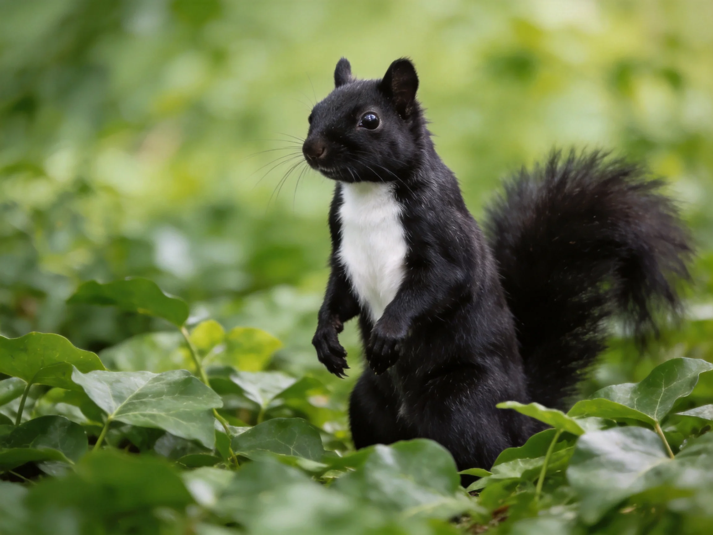 A black squirrel with white chest stands among lush green foliage