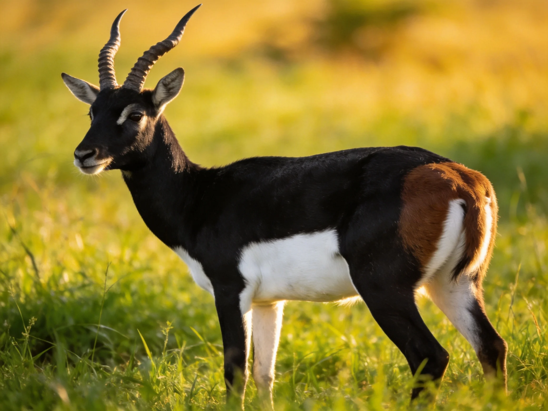 A black, white, and reddish - brown antelope stands in sunlit grassy terrain