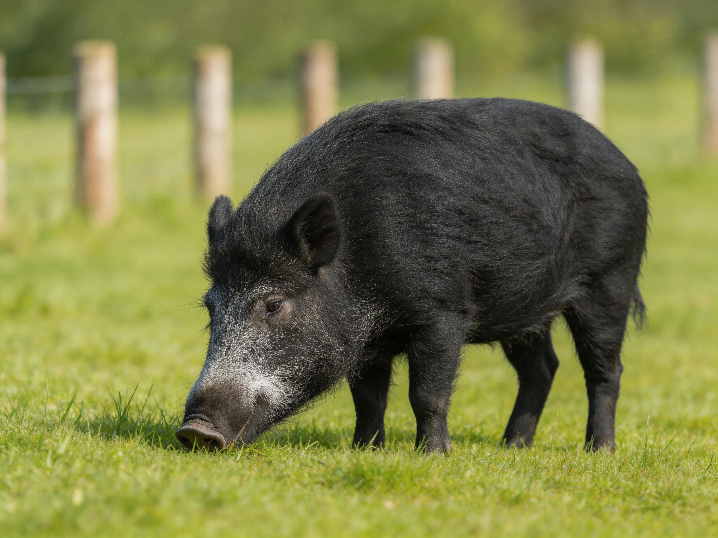 A black wild boar forages in a sunlit green pasture