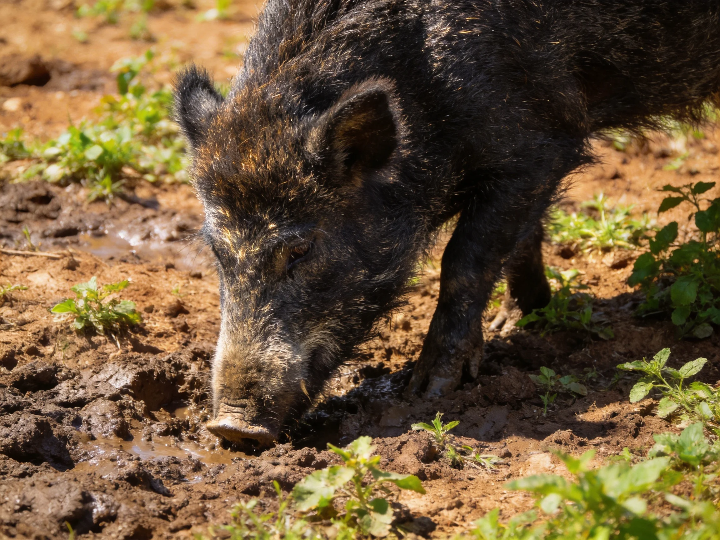 A black wild boar foraging in muddy terrain with greenery