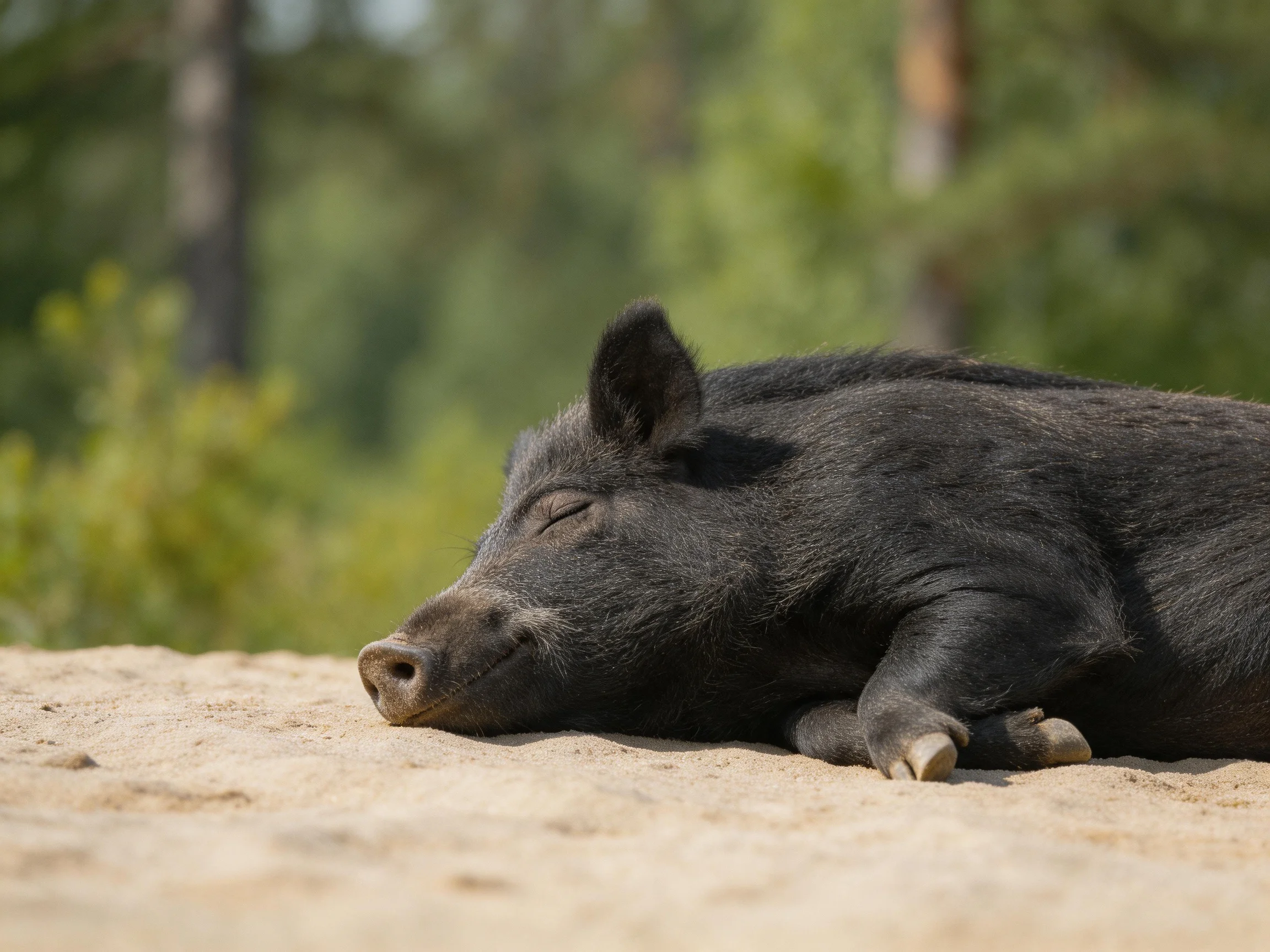 A black wild boar sleeps on sandy ground near greenery