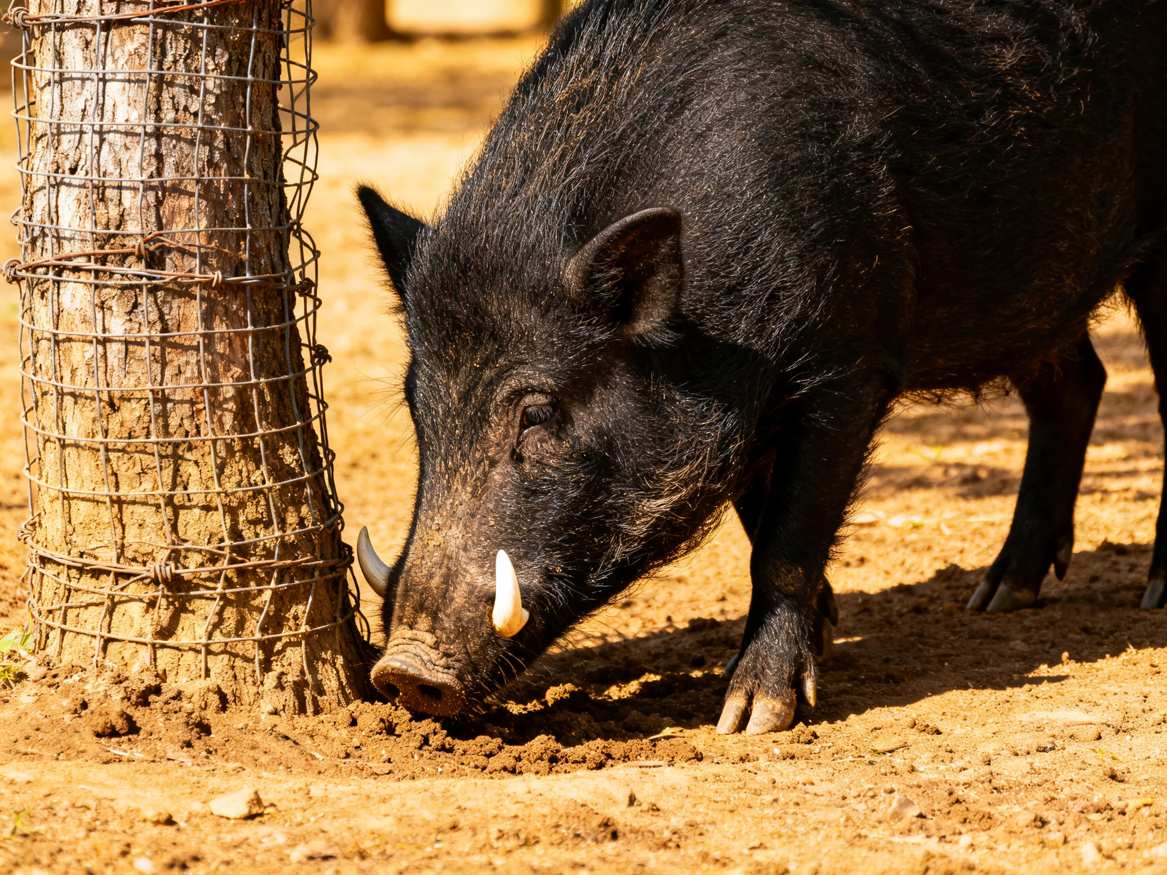 A black wild boar sniffs near a wire-guarded tree trunk