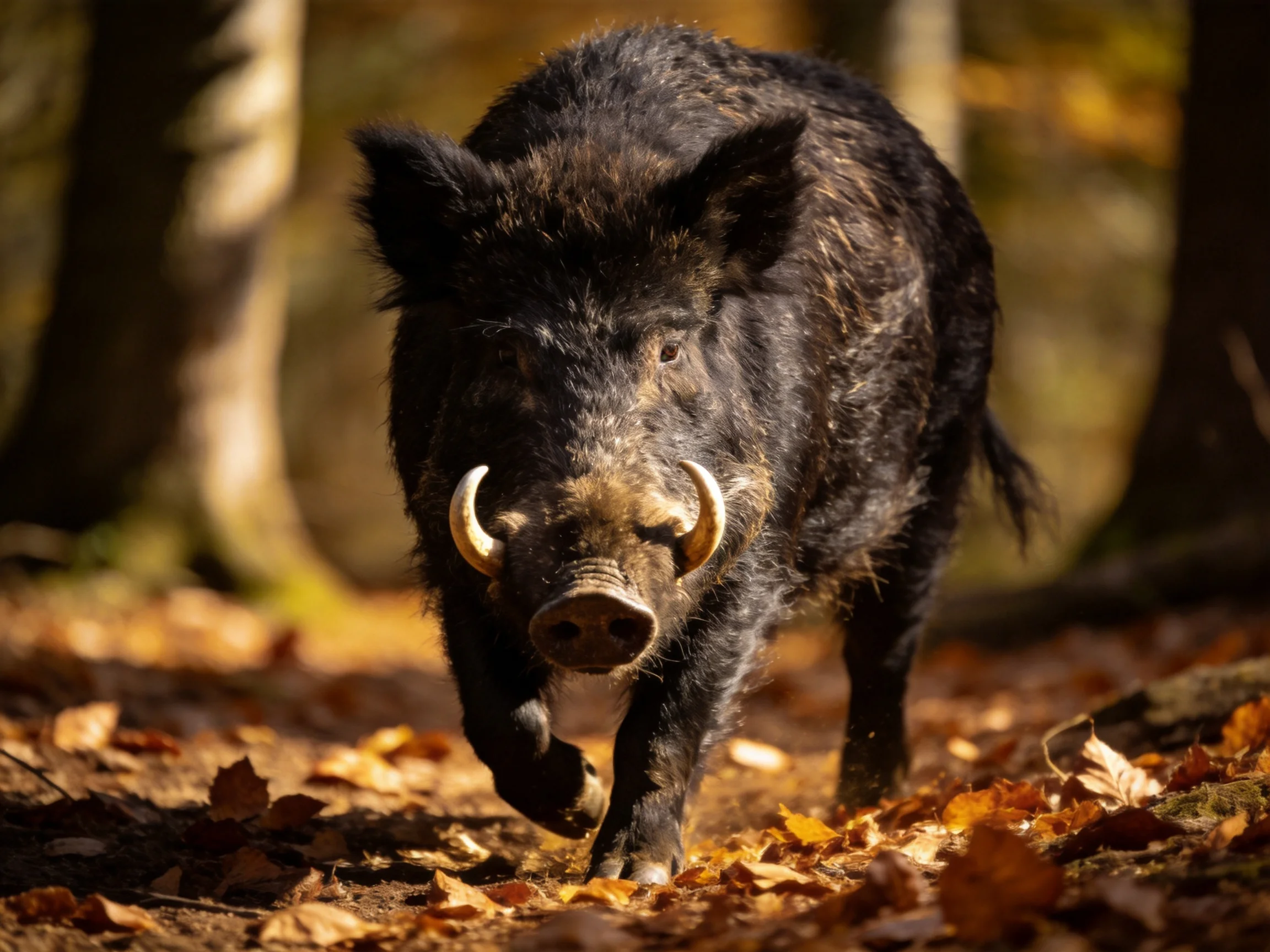 A black wild boar with curved tusks moves through an autumn forest