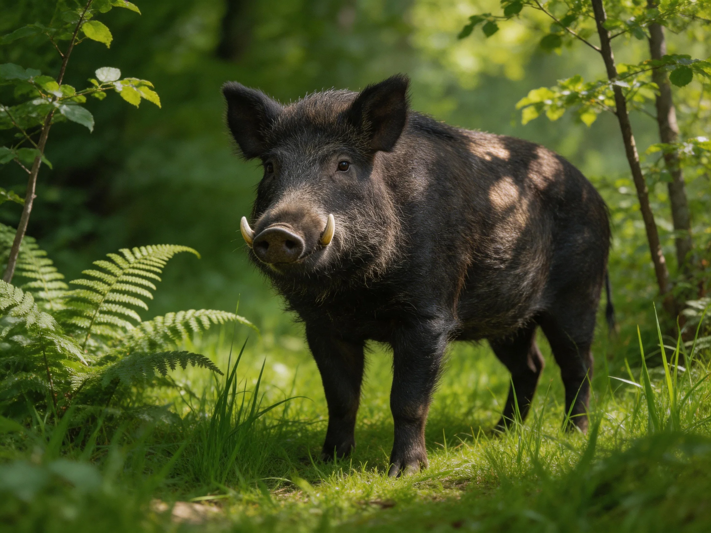 A black wild boar with tusks in a verdant forest