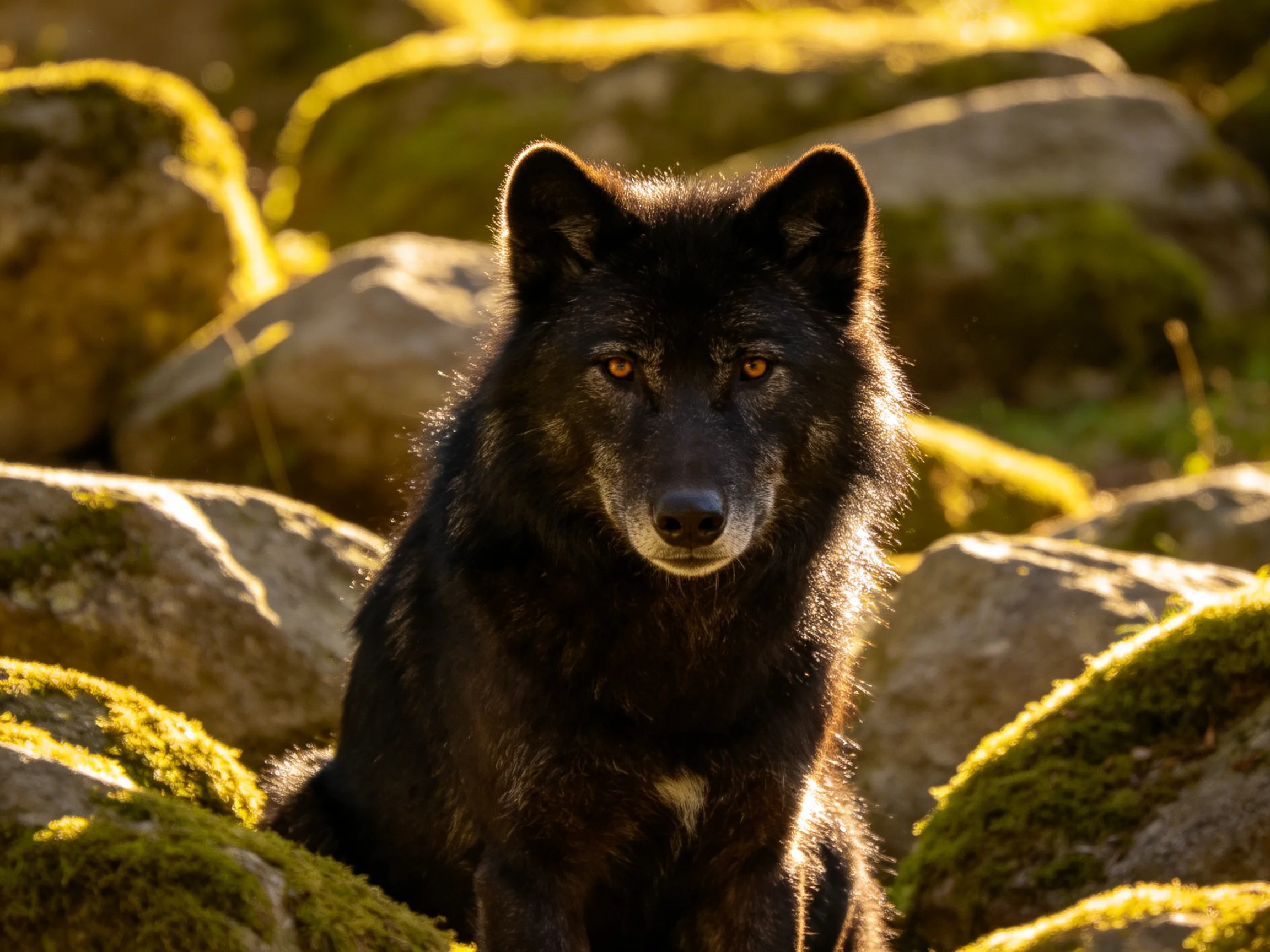 A black wolf sits among moss-covered rocks in golden sunlight
