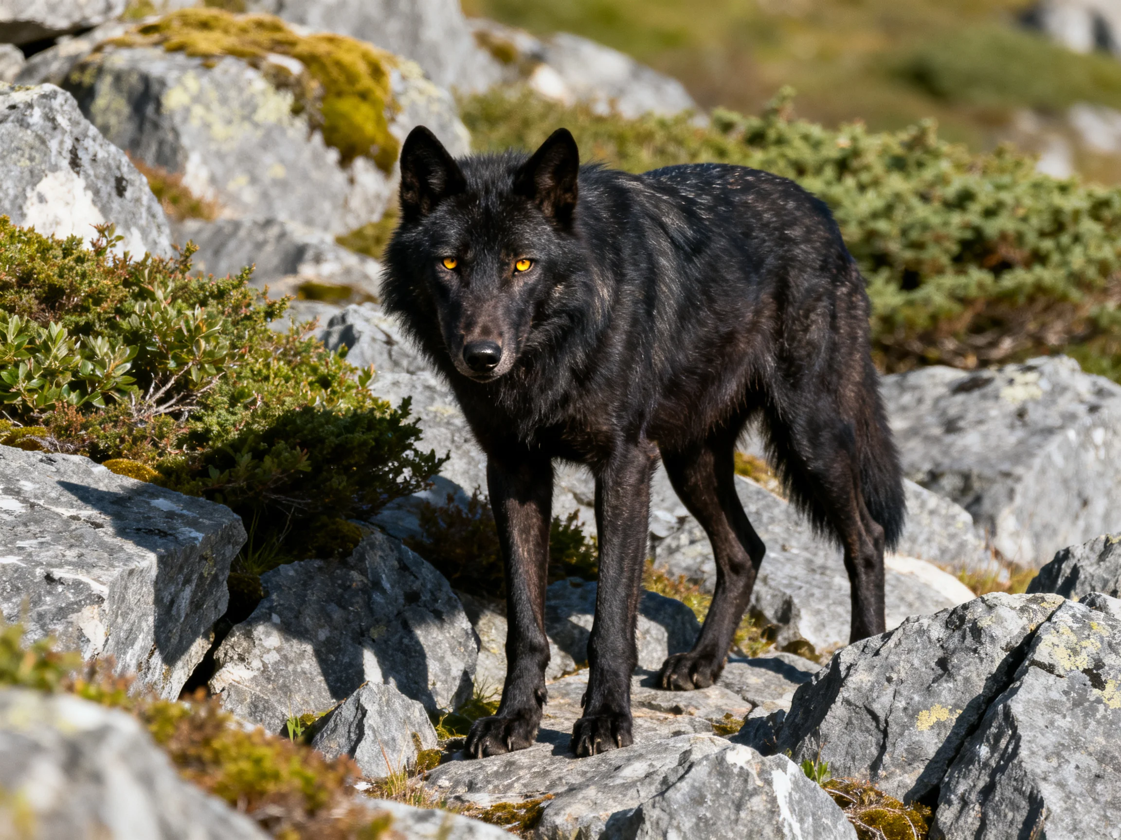 A black wolf stands on rocky terrain near moss-covered boulders.