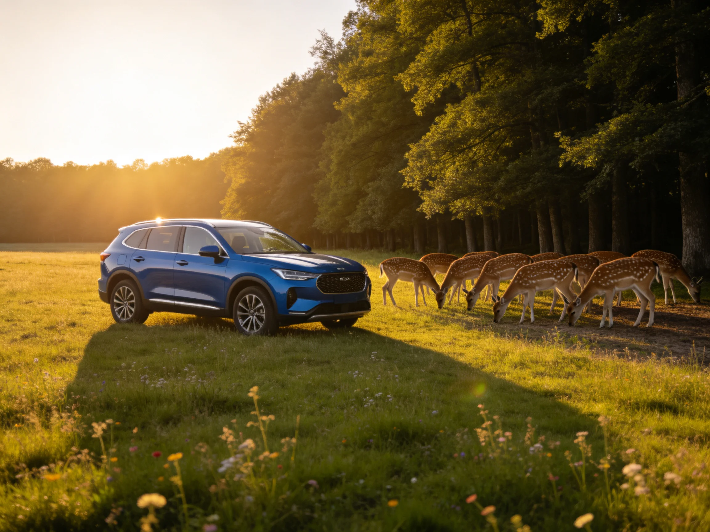 A blue SUV is positioned next to a group of grazing deer in an open field.