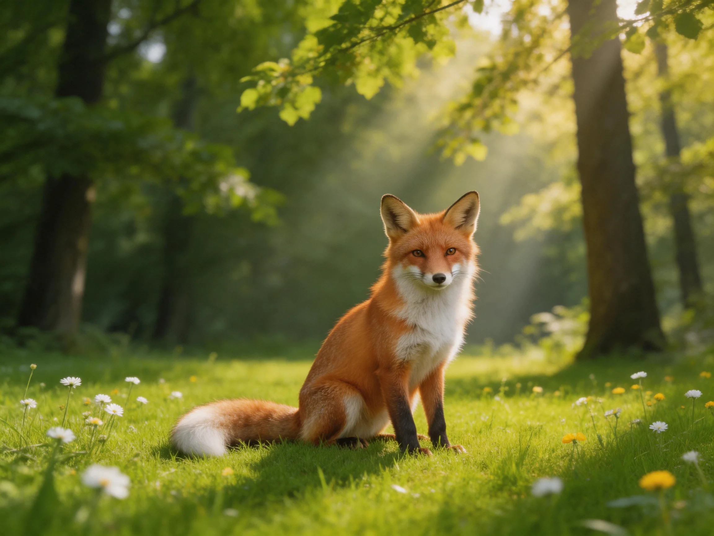An orange fox sits in a sunlit forest meadow with greenery and flowers