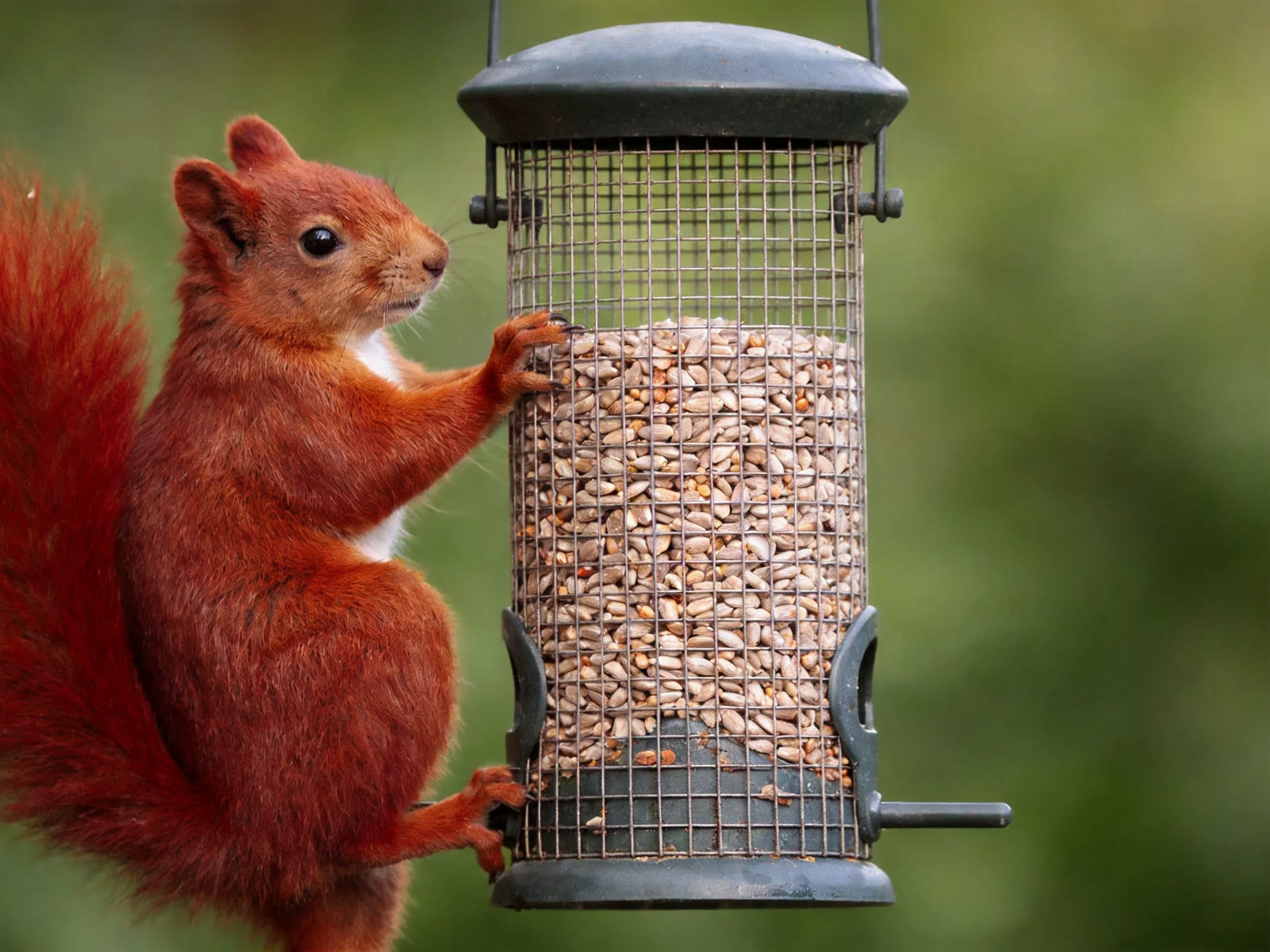 A red squirrel approaches a seed-filled bird feeder.