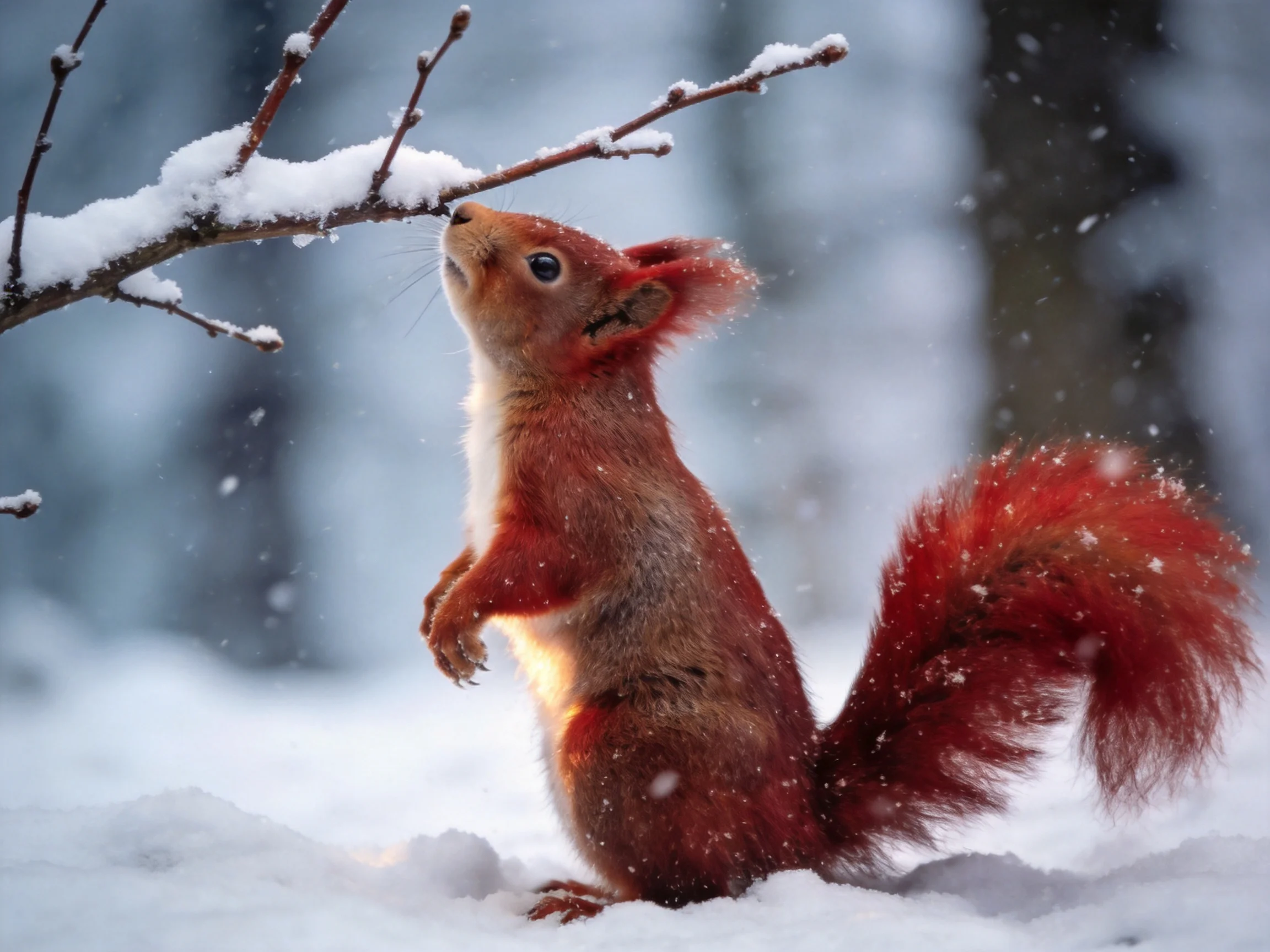 A bright red squirrel interacts with a snow-laden branch in a wintry forest