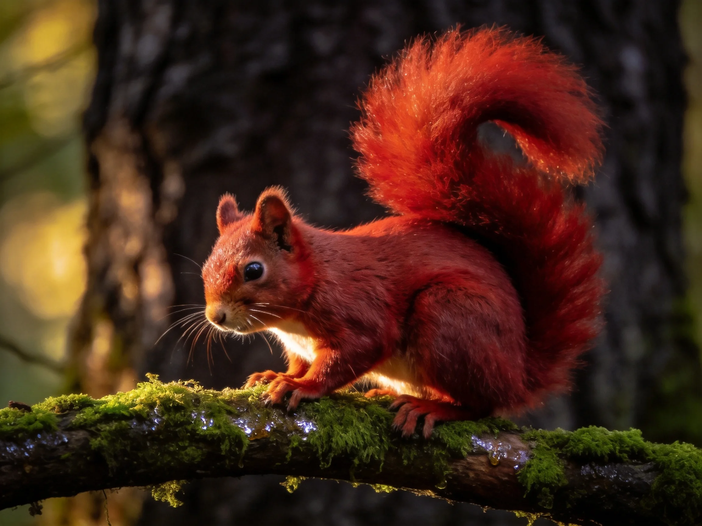 A bright red squirrel perched on a moss-covered tree branch