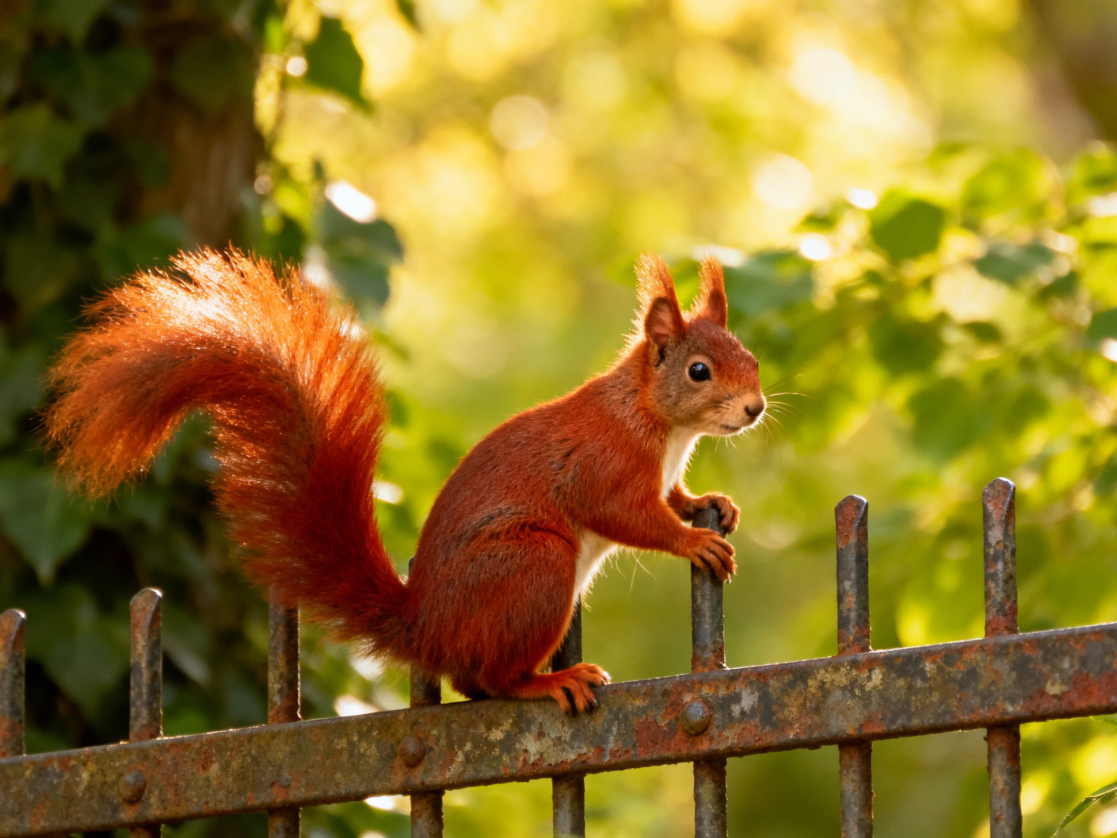 A red squirrel stands on a rusty metal fence in a sunlit, leafy environment.