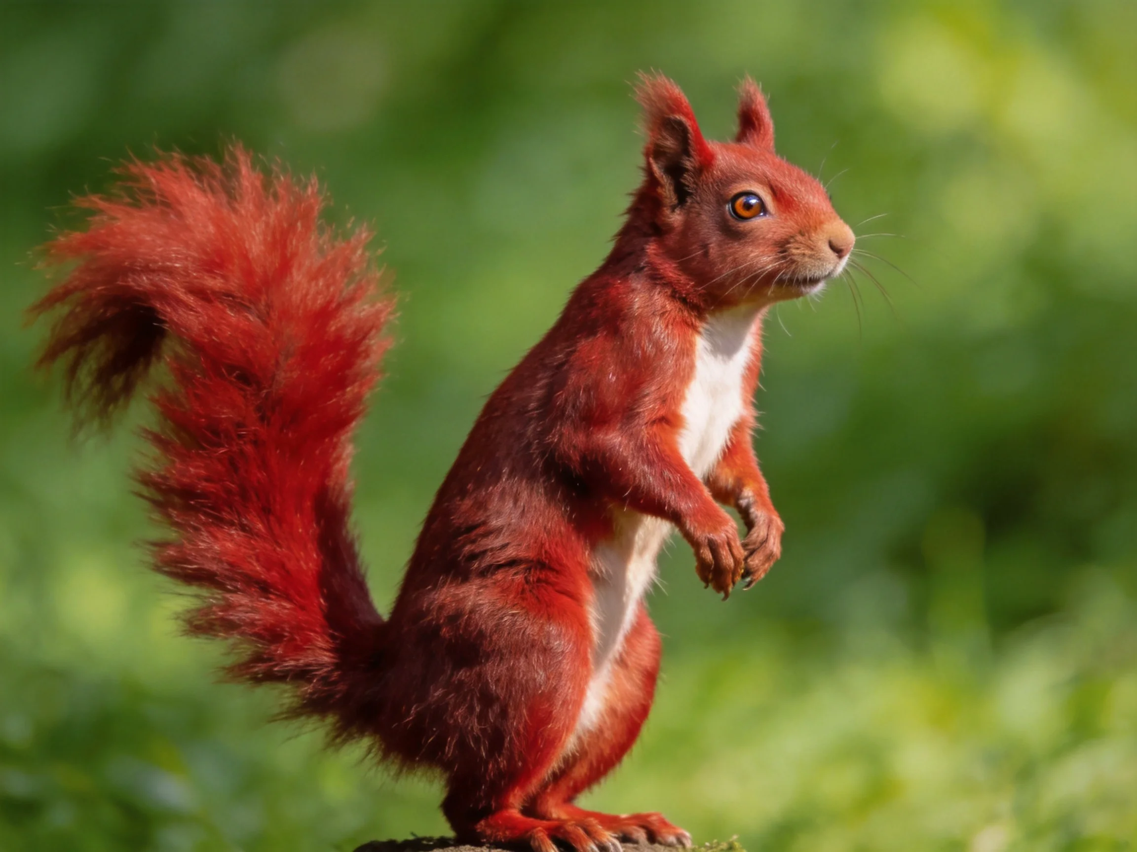 A bright red squirrel with a large bushy tail on a wooden post