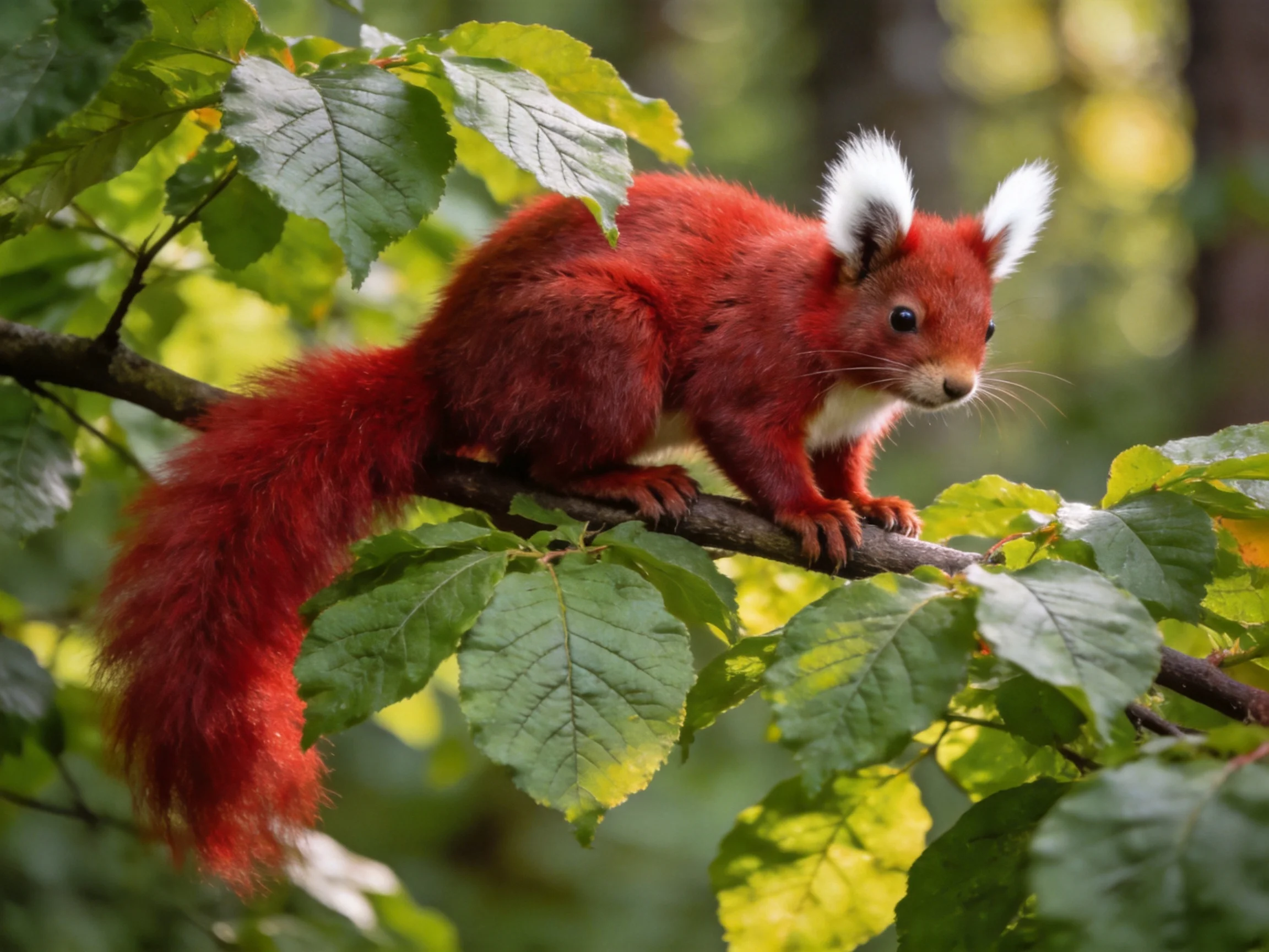 A bright red squirrel with white-tipped ears perches on a tree branch amid green foliage