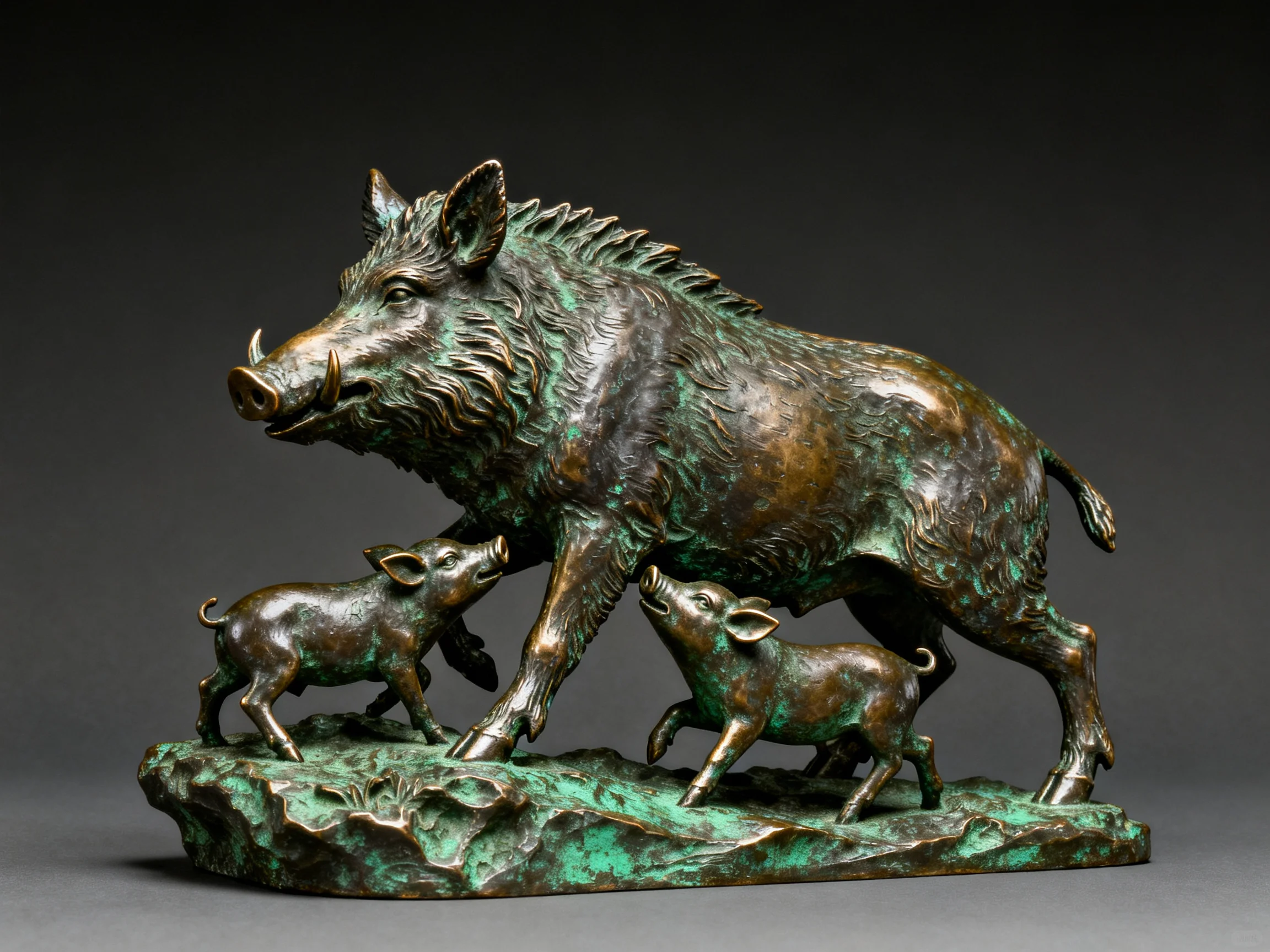 A bronze boar sculpture with two piglets and verdigris patina