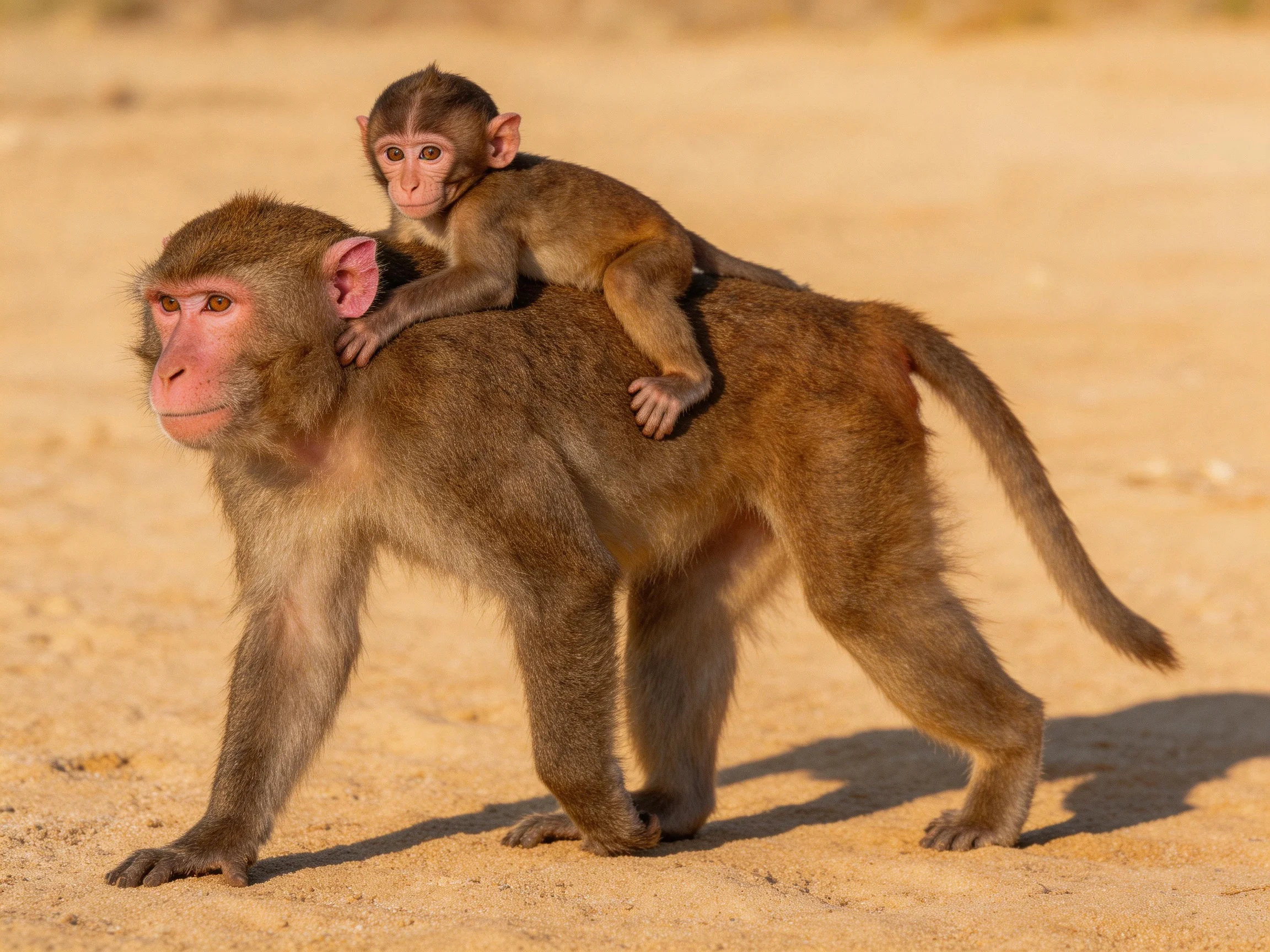 A brown adult monkey carries a young monkey on sandy ground