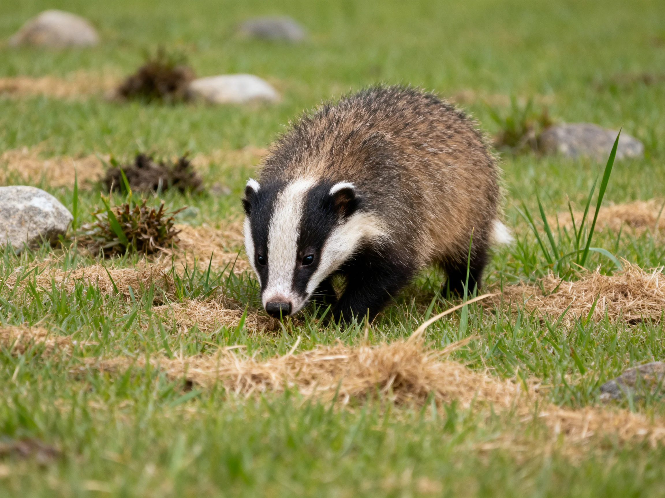 A brown and black badger forages in a grassy field with scattered rocks