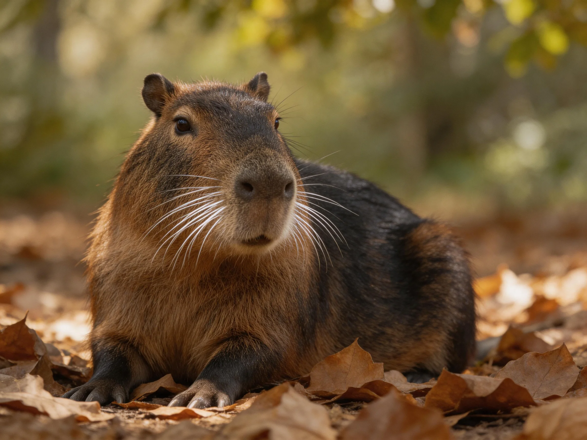 A brown and black capybara rests among golden autumn leaves