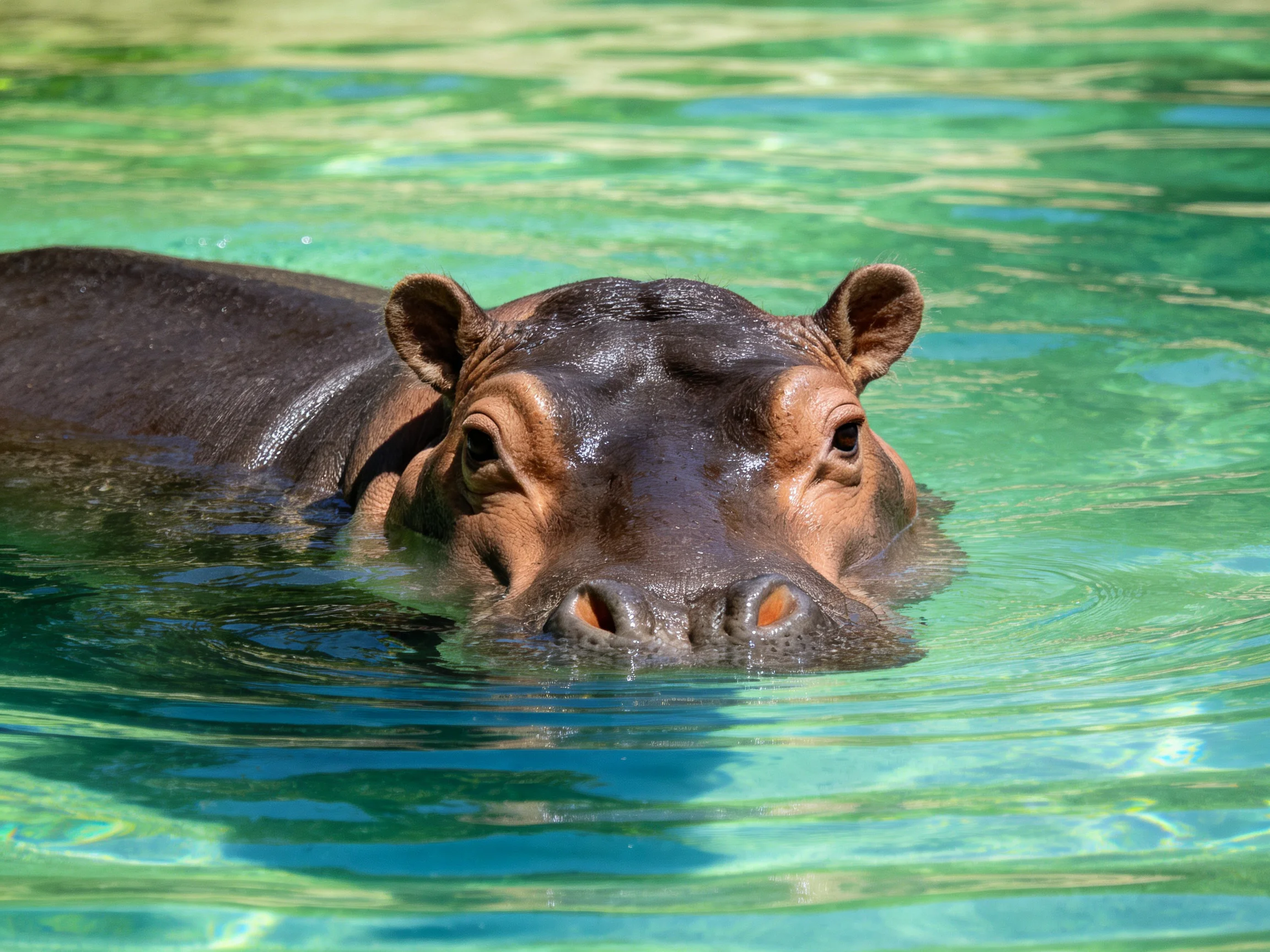 A brown and black hippopotamus partially submerged in clear turquoise water
