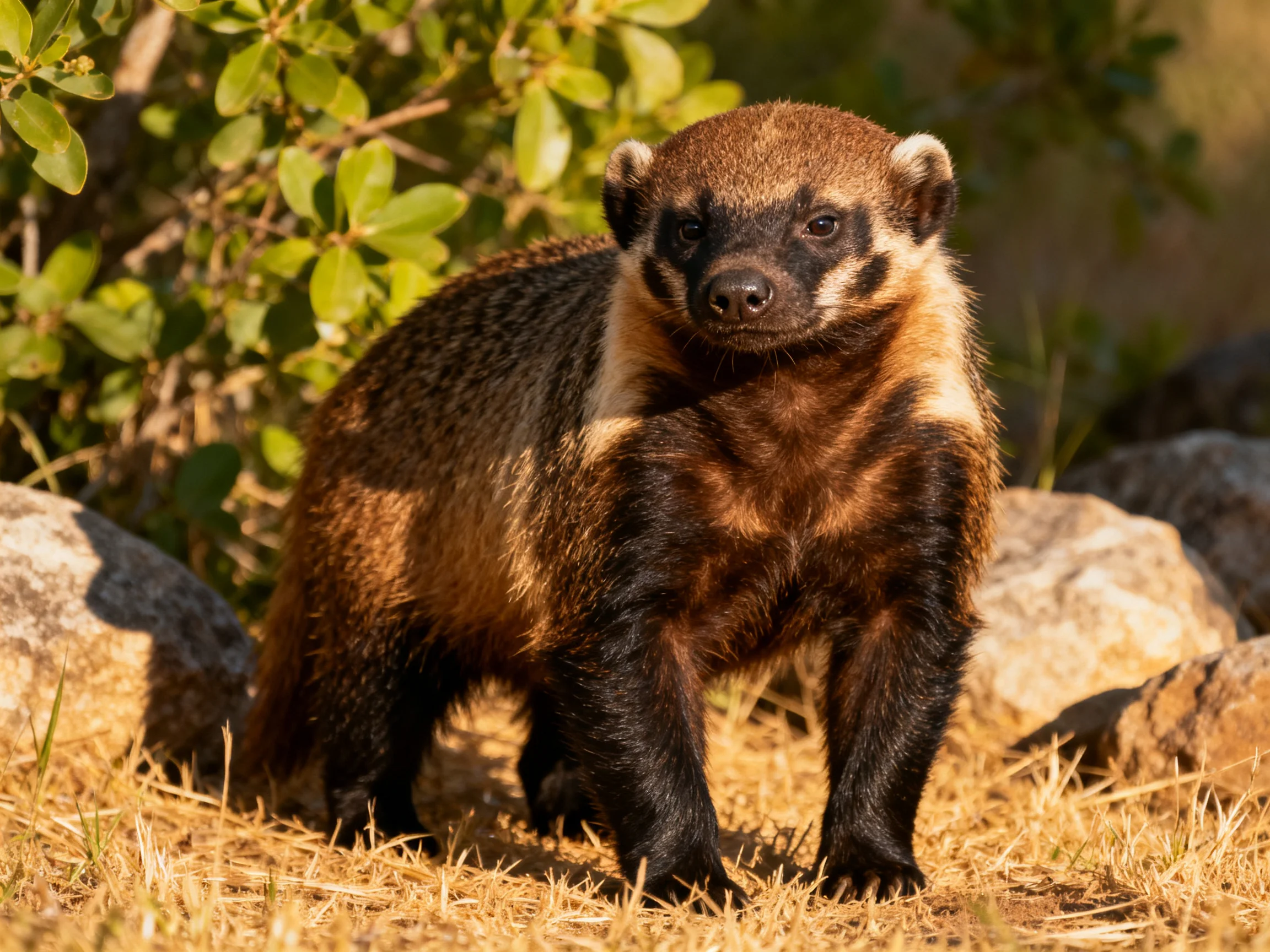 A brown and black mammal stands in a rocky, vegetated natural area.