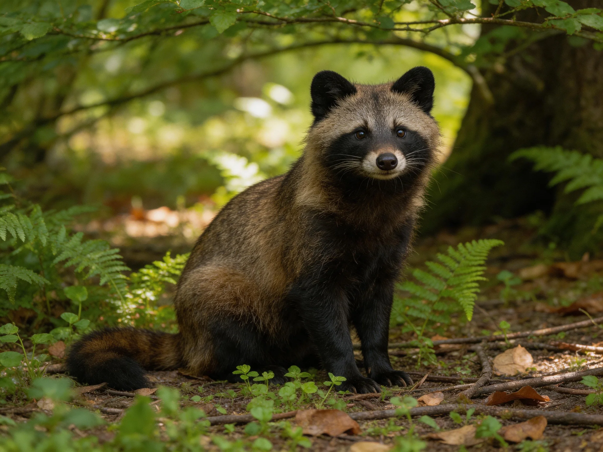 A brown and black mammal sits in a verdant forest clearing