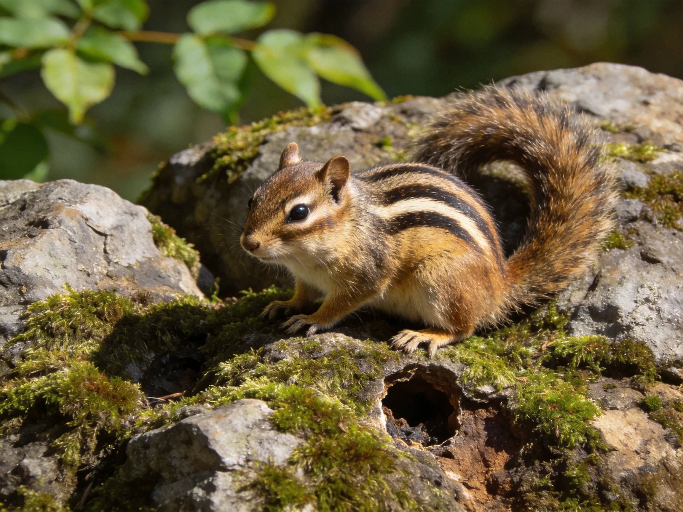 A brown and black striped chipmunk perched on mossy rocks