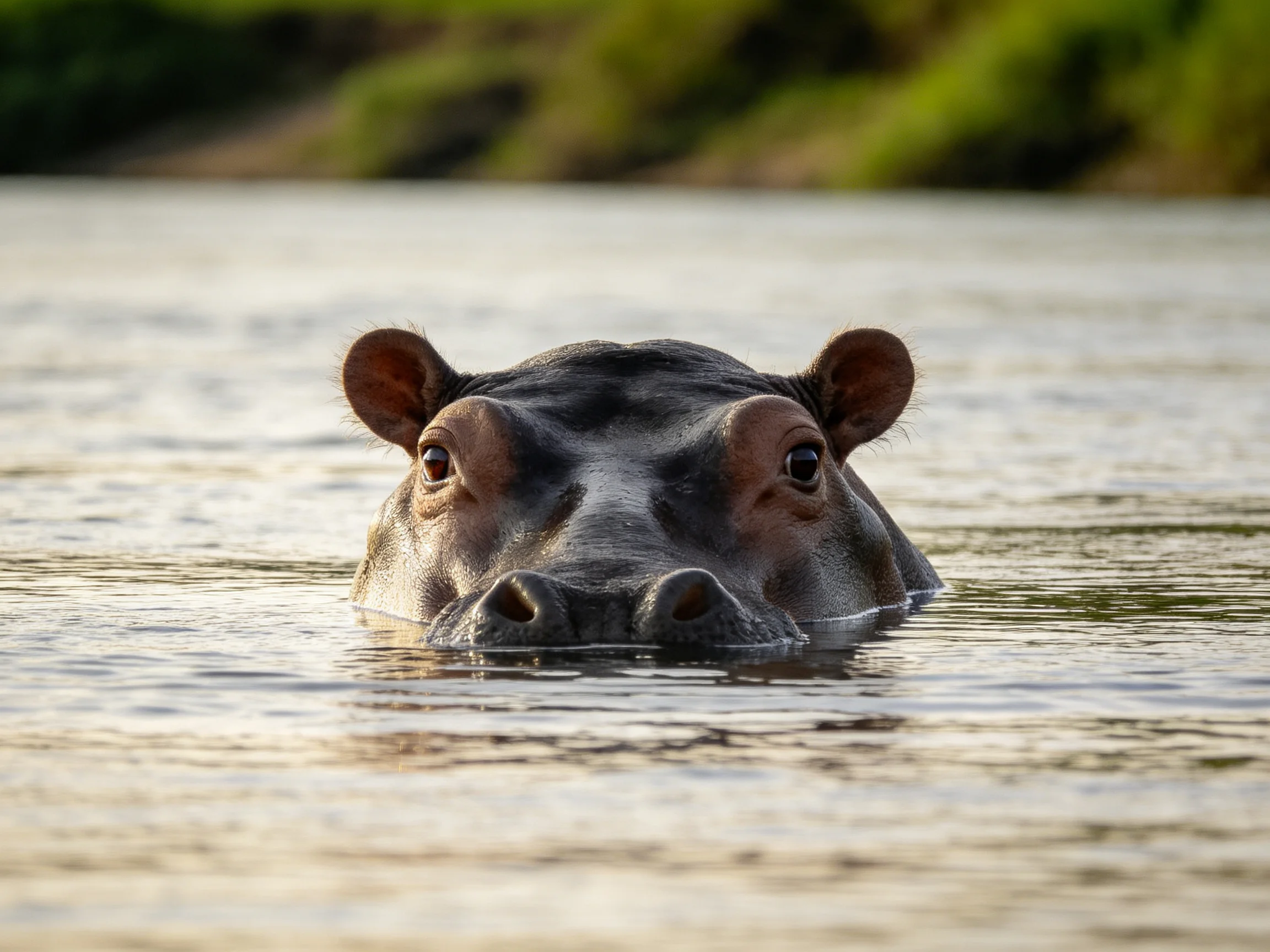 A hippopotamus’ head is partially submerged in calm water with green surroundings.