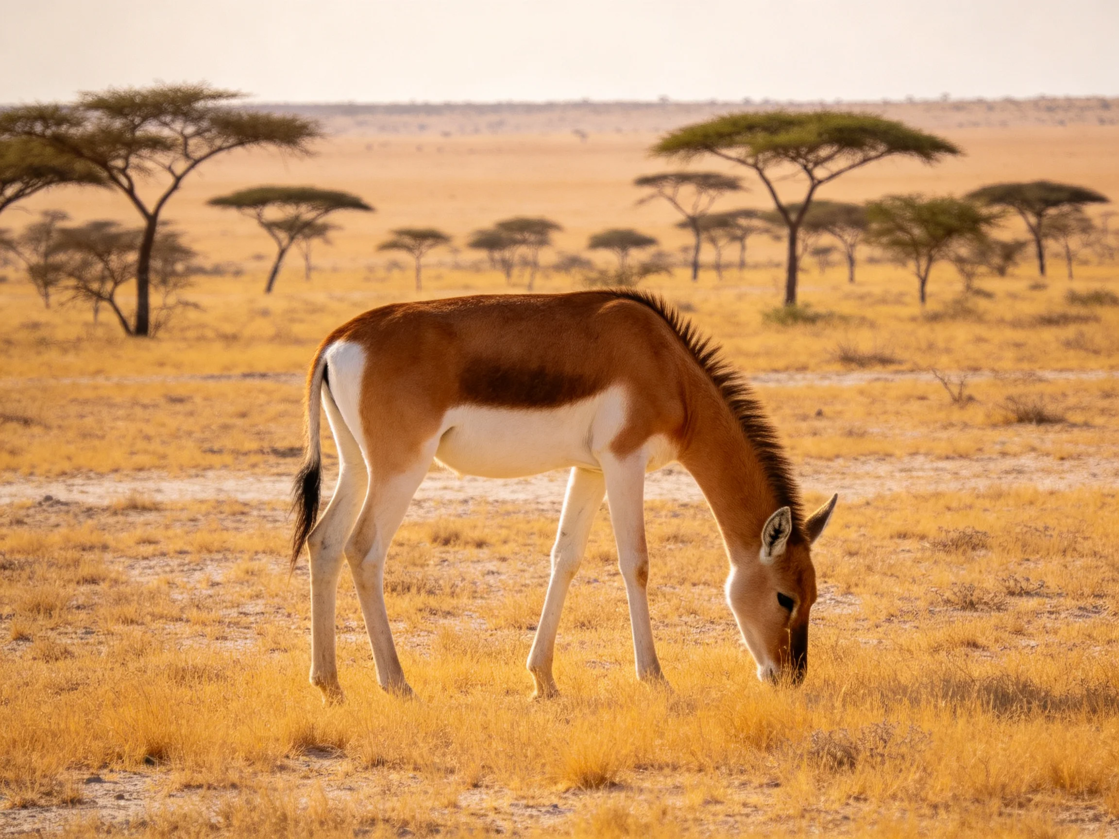 A brown and white antelope grazes in golden savannah with scattered acacia trees