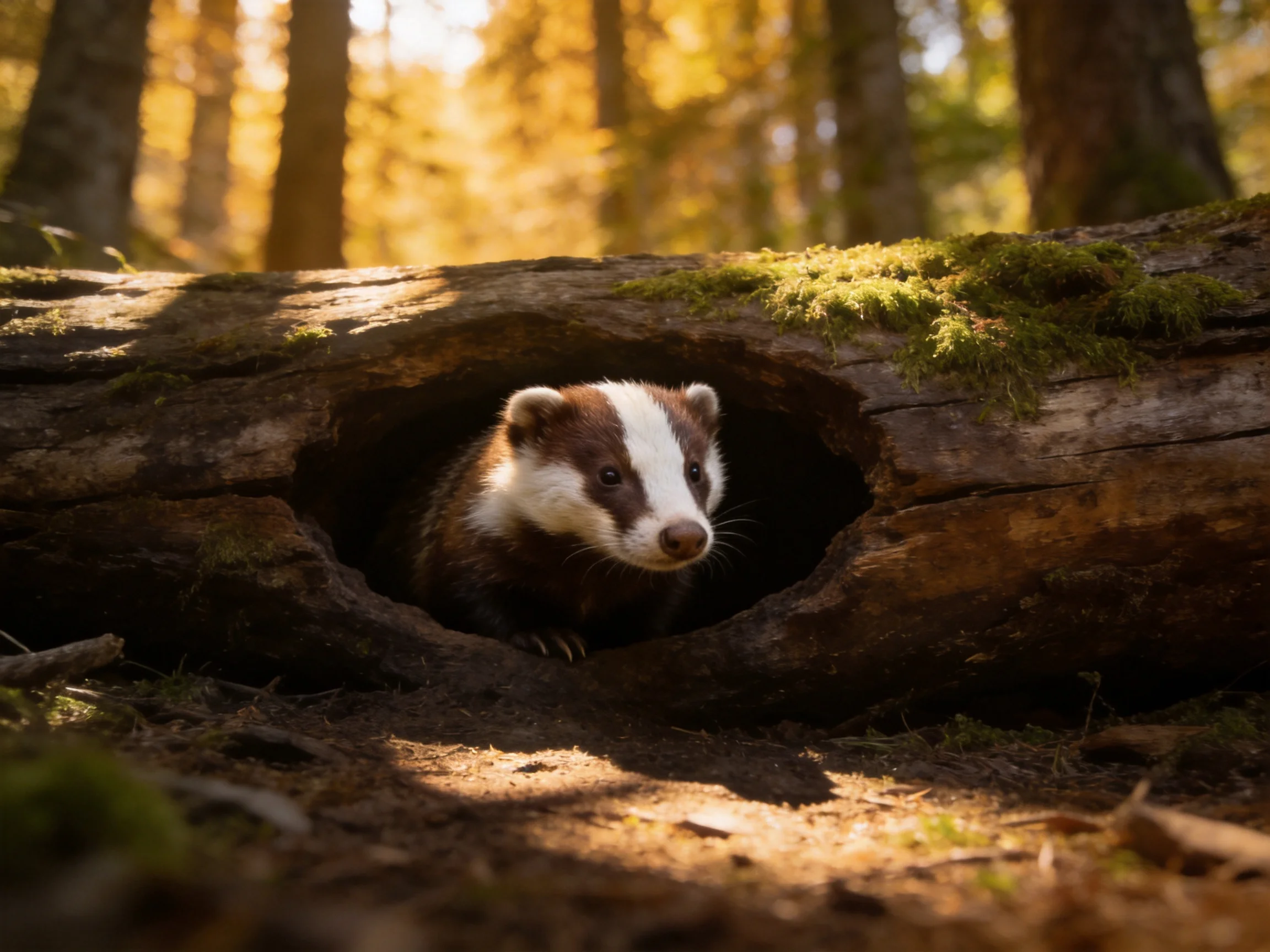 A brown-and-white badger emerges from a moss-covered fallen log in golden forest.