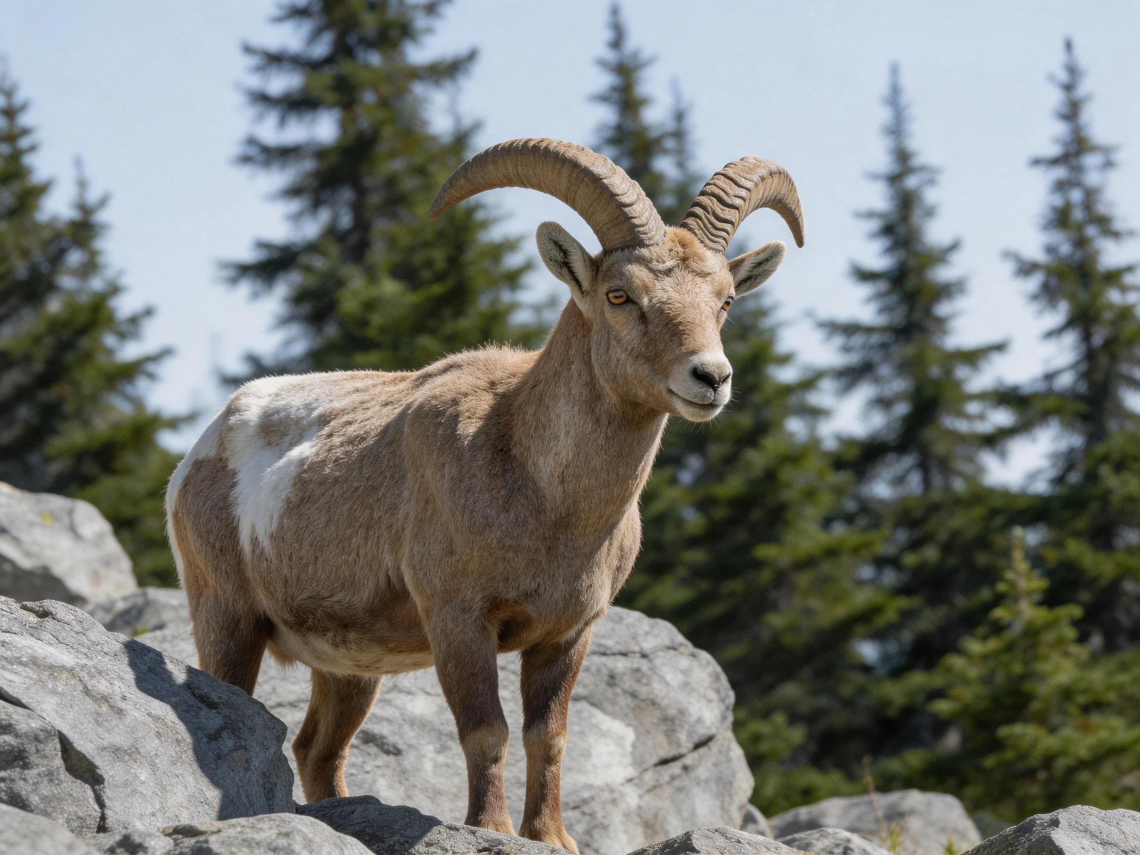 A brown-and-white bighorn sheep stands on rocky terrain near evergreen trees