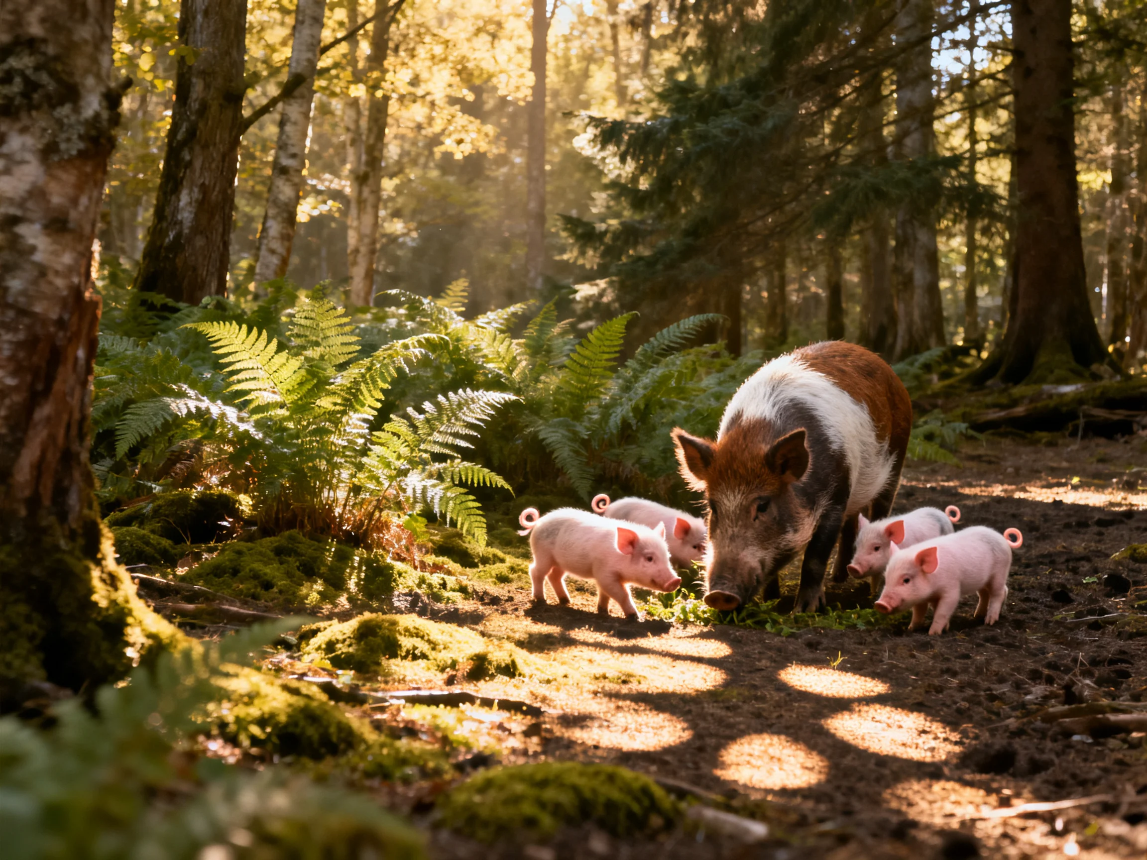 A boar and four piglets explore a sunlit forest clearing