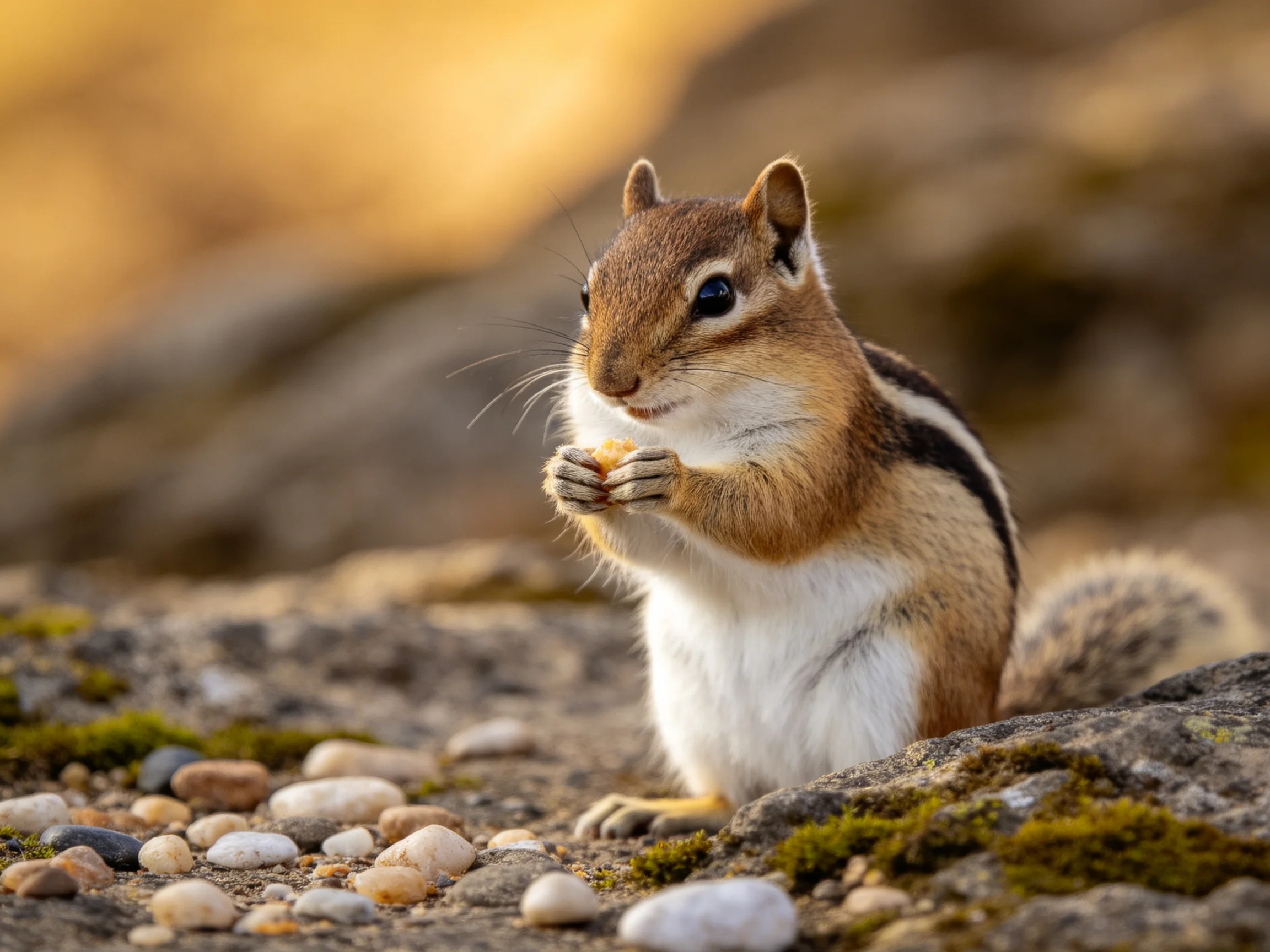 A brown and white chipmunk eating near mossy rocks with scattered pebbles